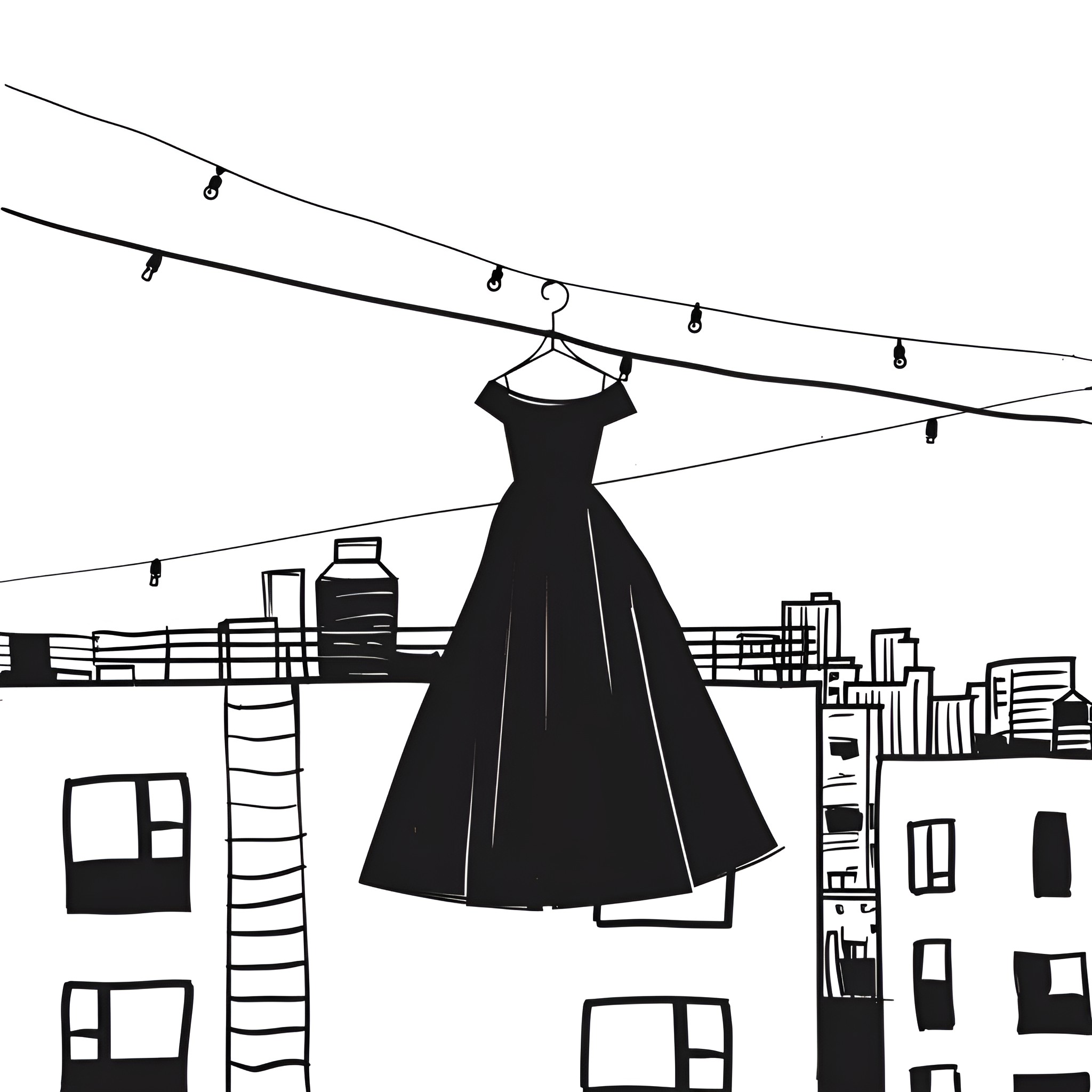 Dress suspended in urban setting Drawing Idea (free black-and-white line drawing printable PDF for all, from beginners to advanced learners, including children, teens, adults, and seniors)