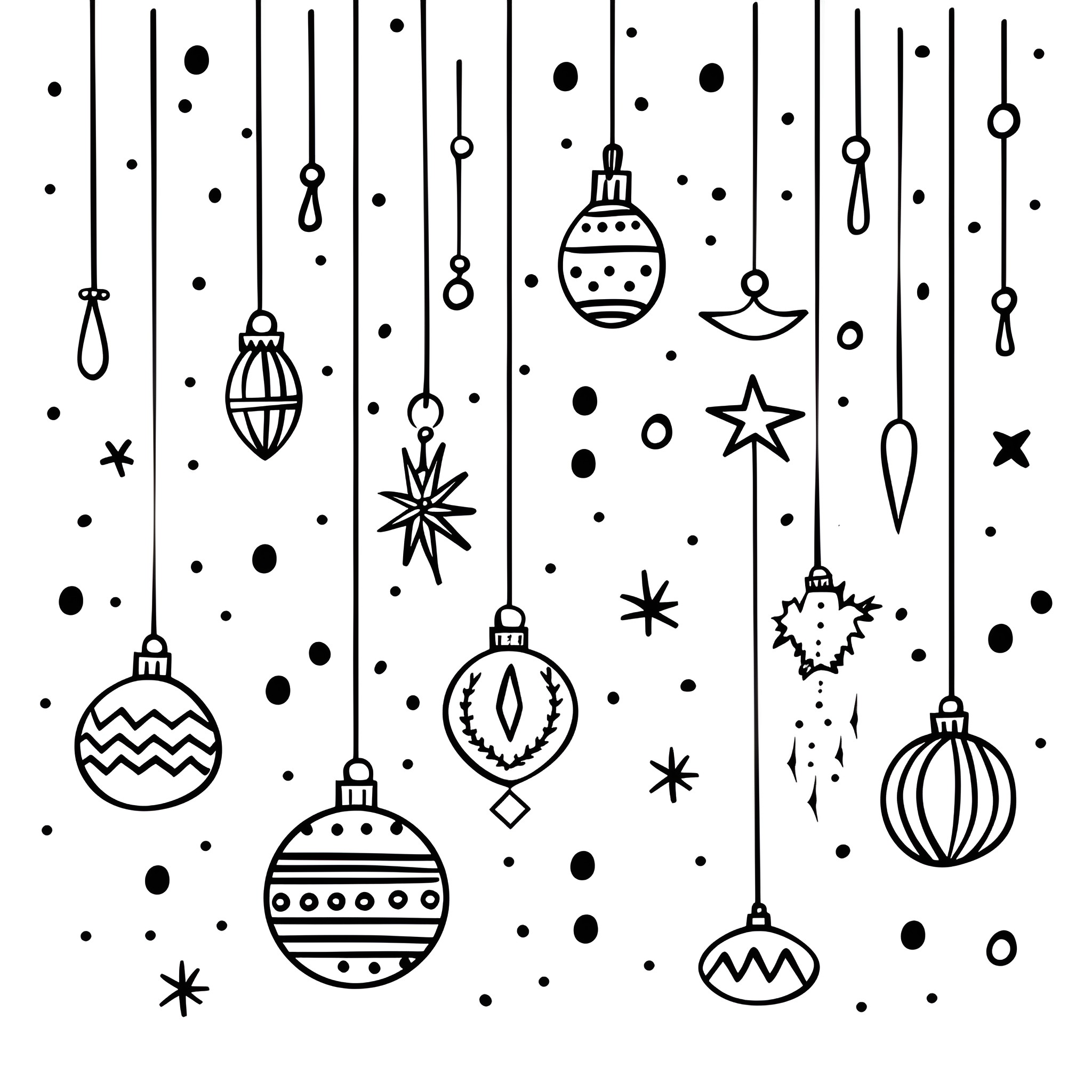 Ornaments dangling with festive designs Drawing Idea (free black-and-white line drawing printable PDF for all, from beginners to advanced learners, including children, teens, adults, and seniors)