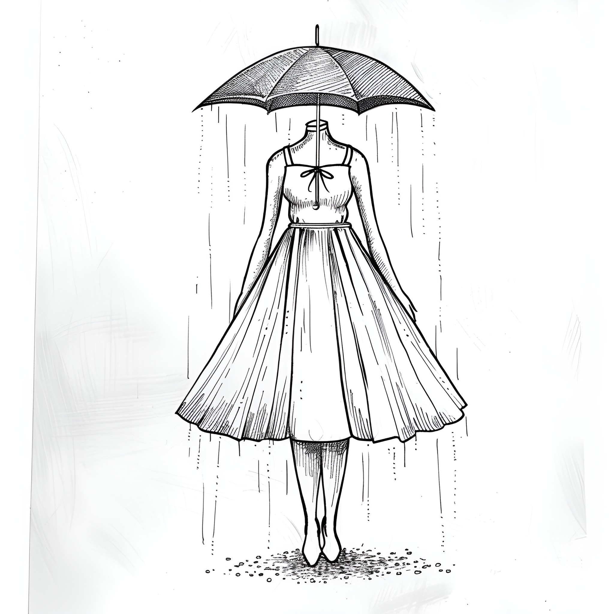 Dress in the Rain with Umbrella Drawing Idea (free black-and-white line drawing printable PDF for all, from beginners to advanced learners, including children, teens, adults, and seniors)