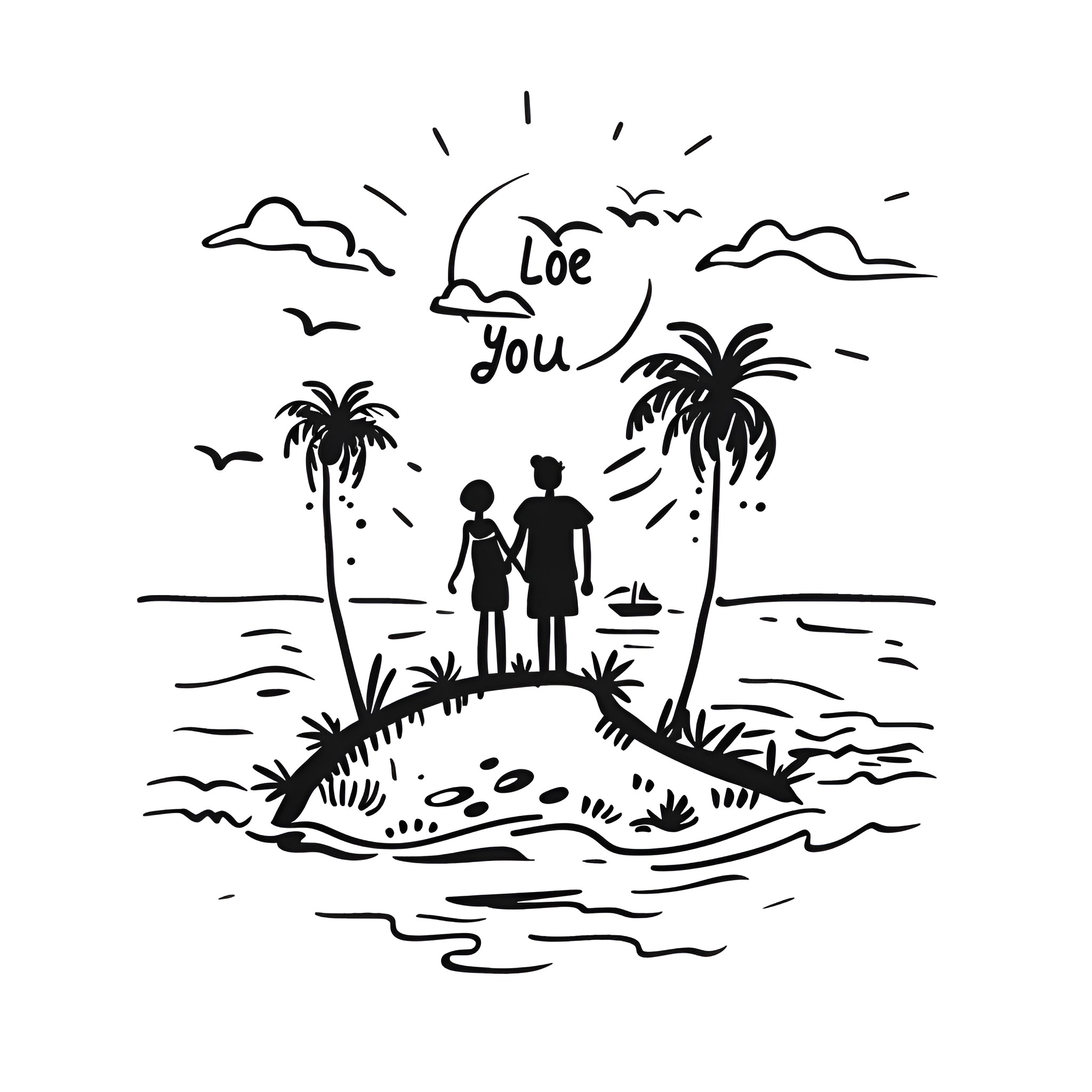 I Love You - Couple on Beach at Sunset Drawing Idea (free black-and-white line drawing printable PDF for all, from beginners to advanced learners, including children, teens, adults, and seniors)