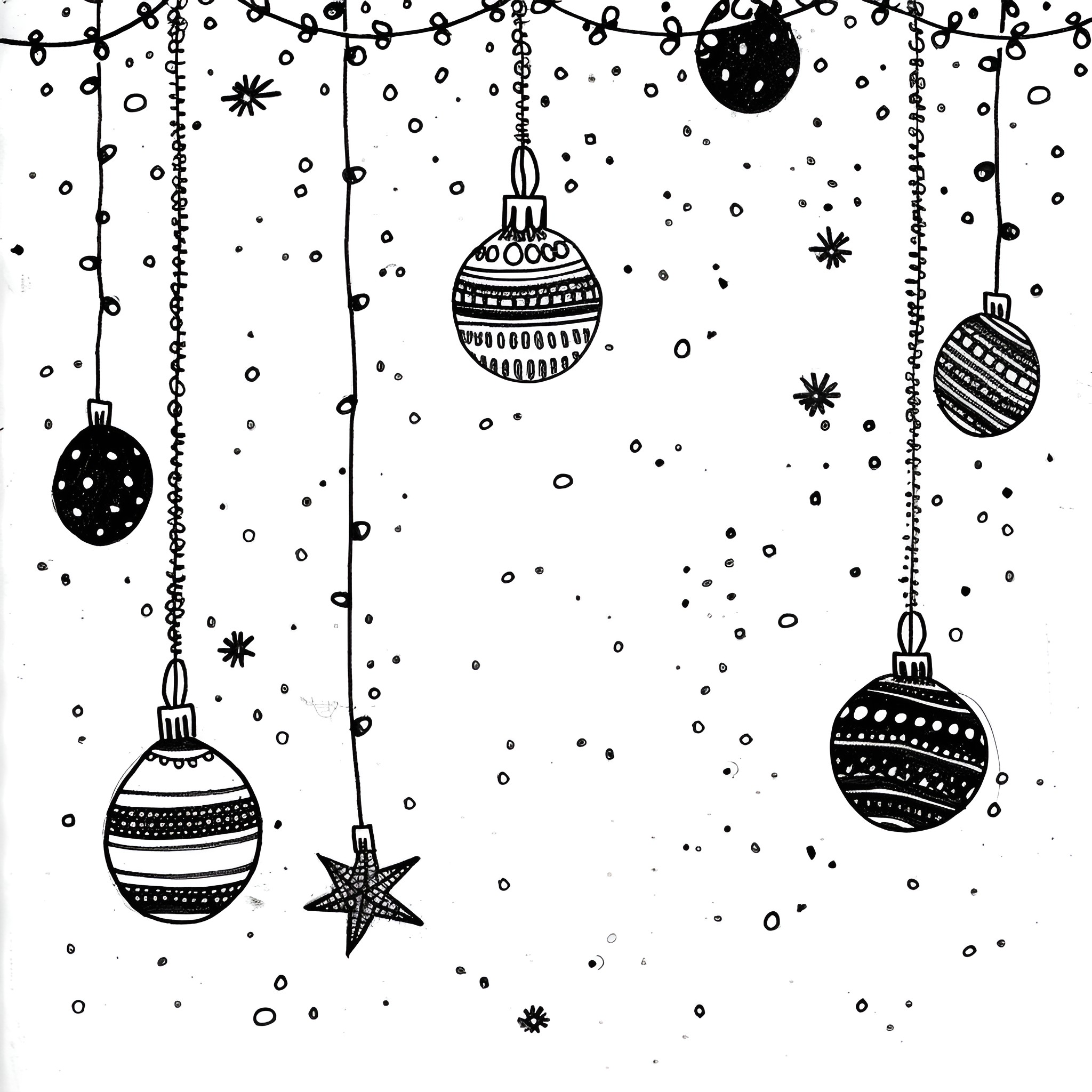Ornaments hanging in winter wonderland Drawing Idea (free black-and-white line drawing printable PDF for all, from beginners to advanced learners, including children, teens, adults, and seniors)