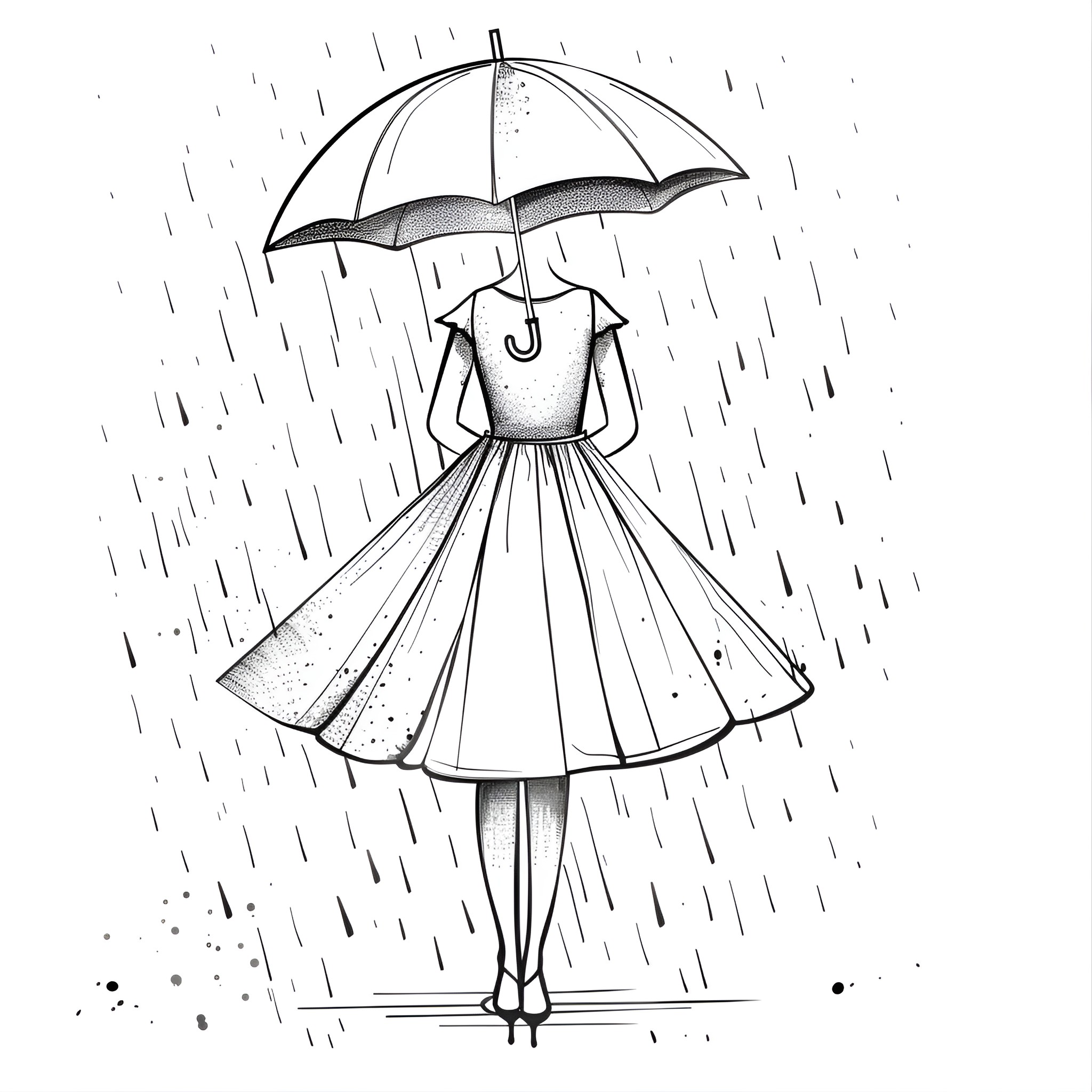 Dress in the Rain Drawing Idea (free black-and-white line drawing printable PDF for all, from beginners to advanced learners, including children, teens, adults, and seniors)