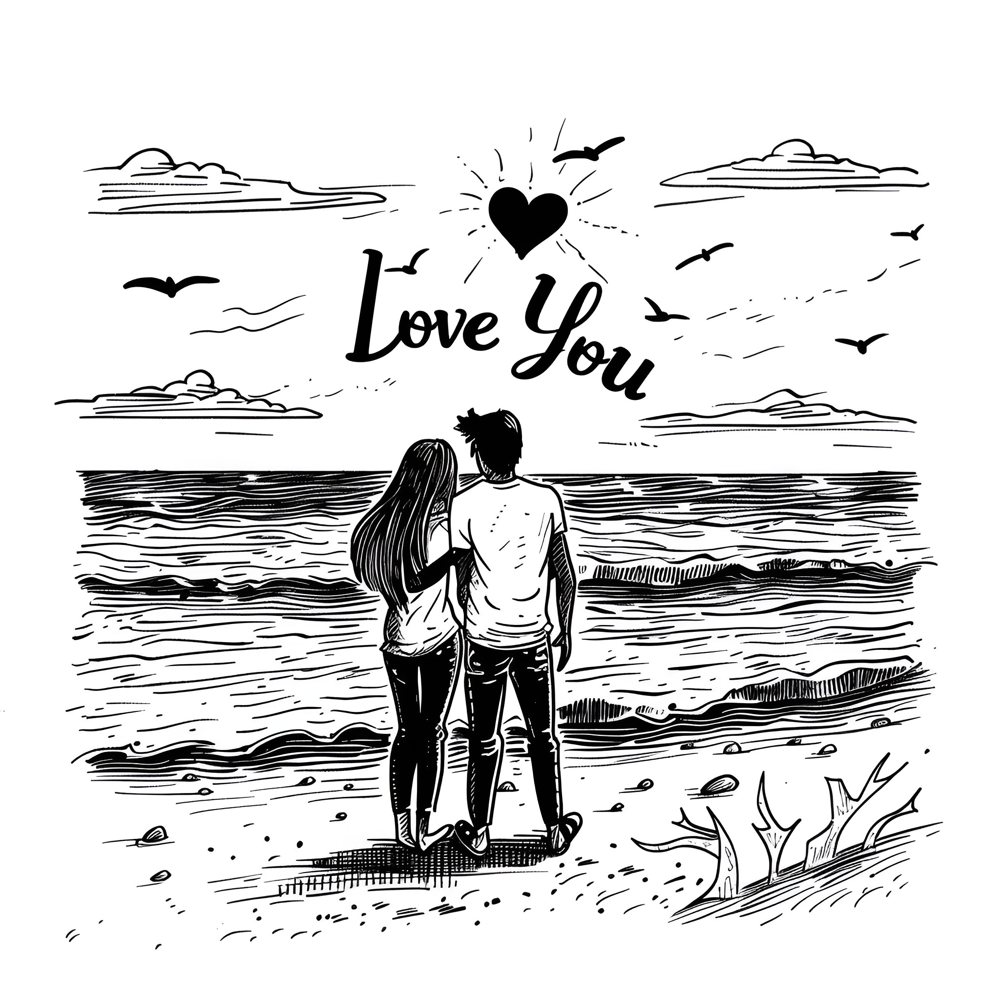 I Love You - Romantic Couple on the Beach Drawing Idea (free black-and-white line drawing printable PDF for all, from beginners to advanced learners, including children, teens, adults, and seniors)