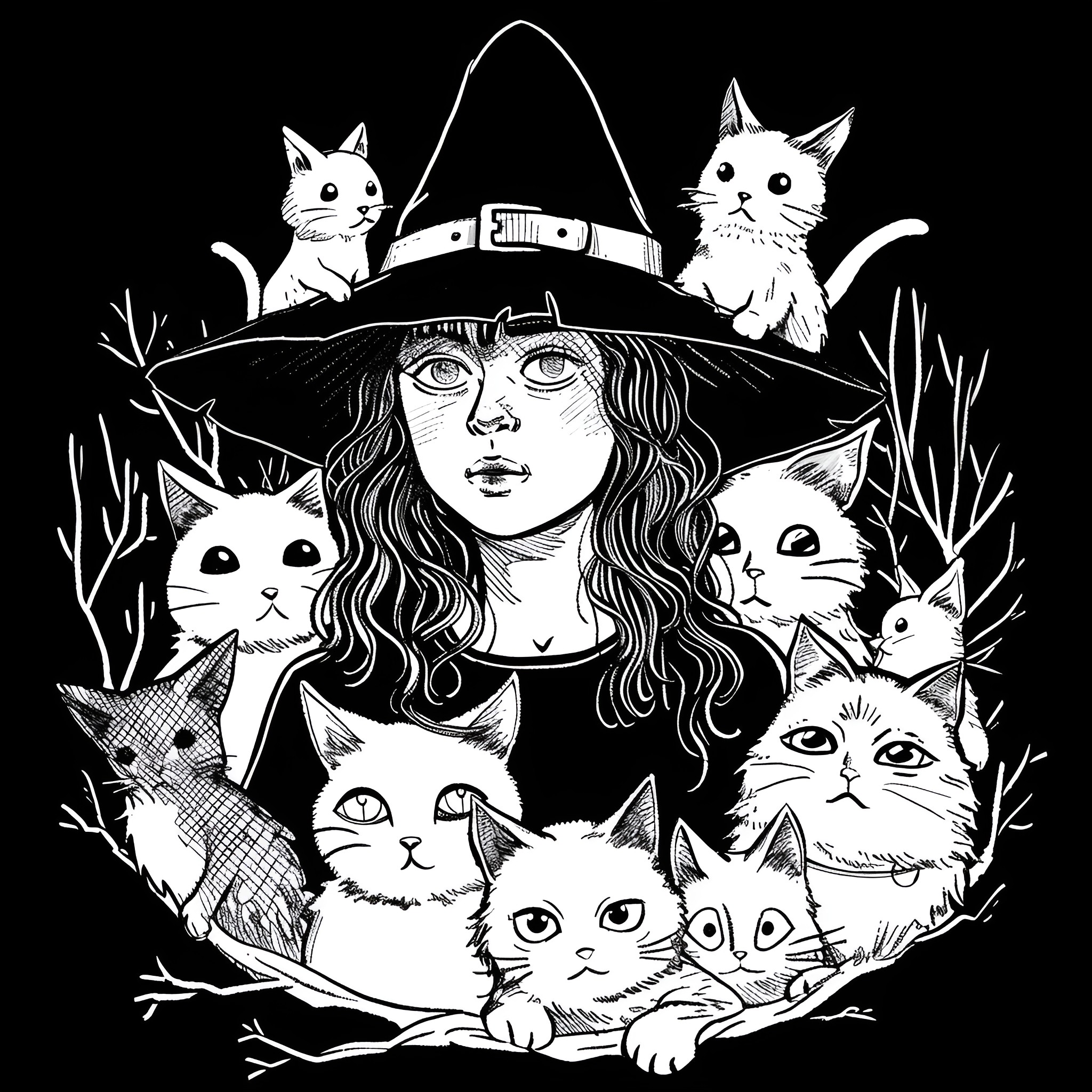 Witch surrounded by enchanted cats Drawing Idea (free black-and-white line drawing printable PDF for all, from beginners to advanced learners, including children, teens, adults, and seniors)