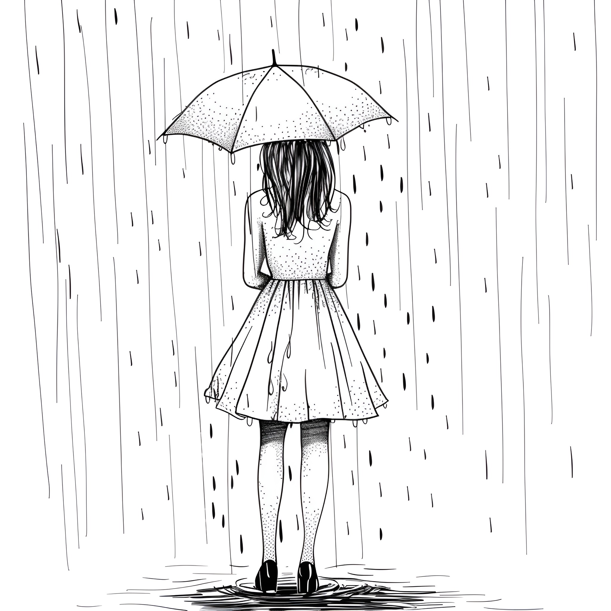 Dress in the Rainy Day Drawing Idea (free black-and-white line drawing printable PDF for all, from beginners to advanced learners, including children, teens, adults, and seniors)