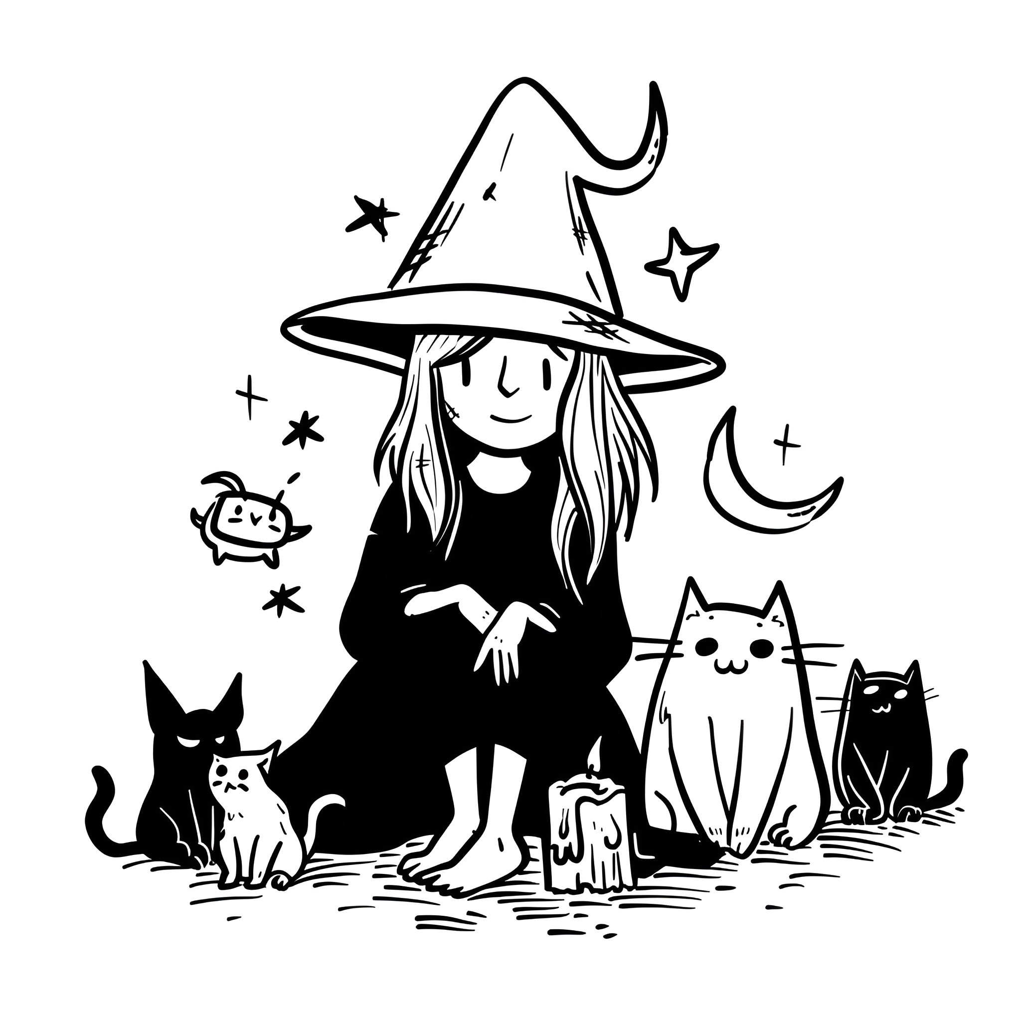 Witch with enchanted cats and stars Drawing Idea (free black-and-white line drawing printable PDF for all, from beginners to advanced learners, including children, teens, adults, and seniors)