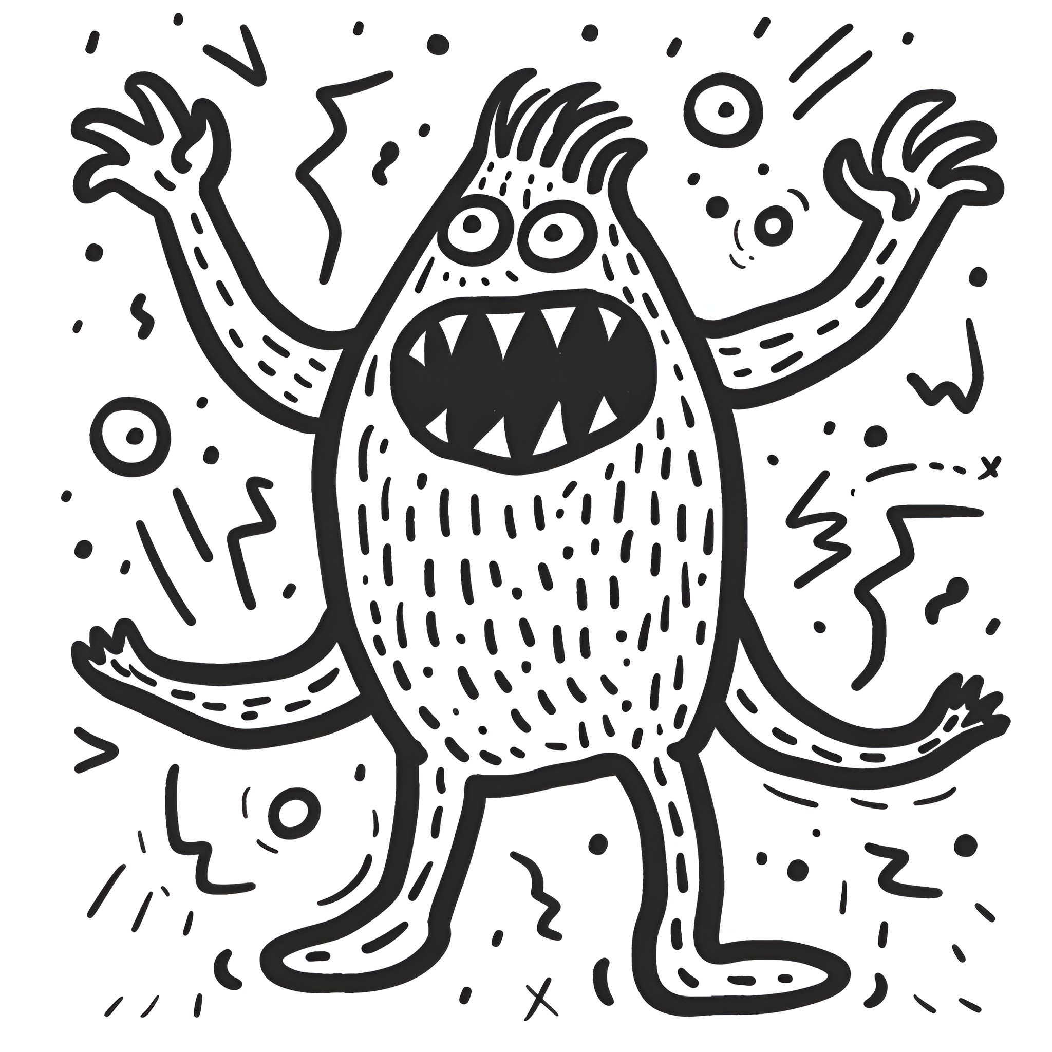 Monster Embracing Chaos Drawing Idea (free black-and-white line drawing printable PDF for all, from beginners to advanced learners, including children, teens, adults, and seniors)
