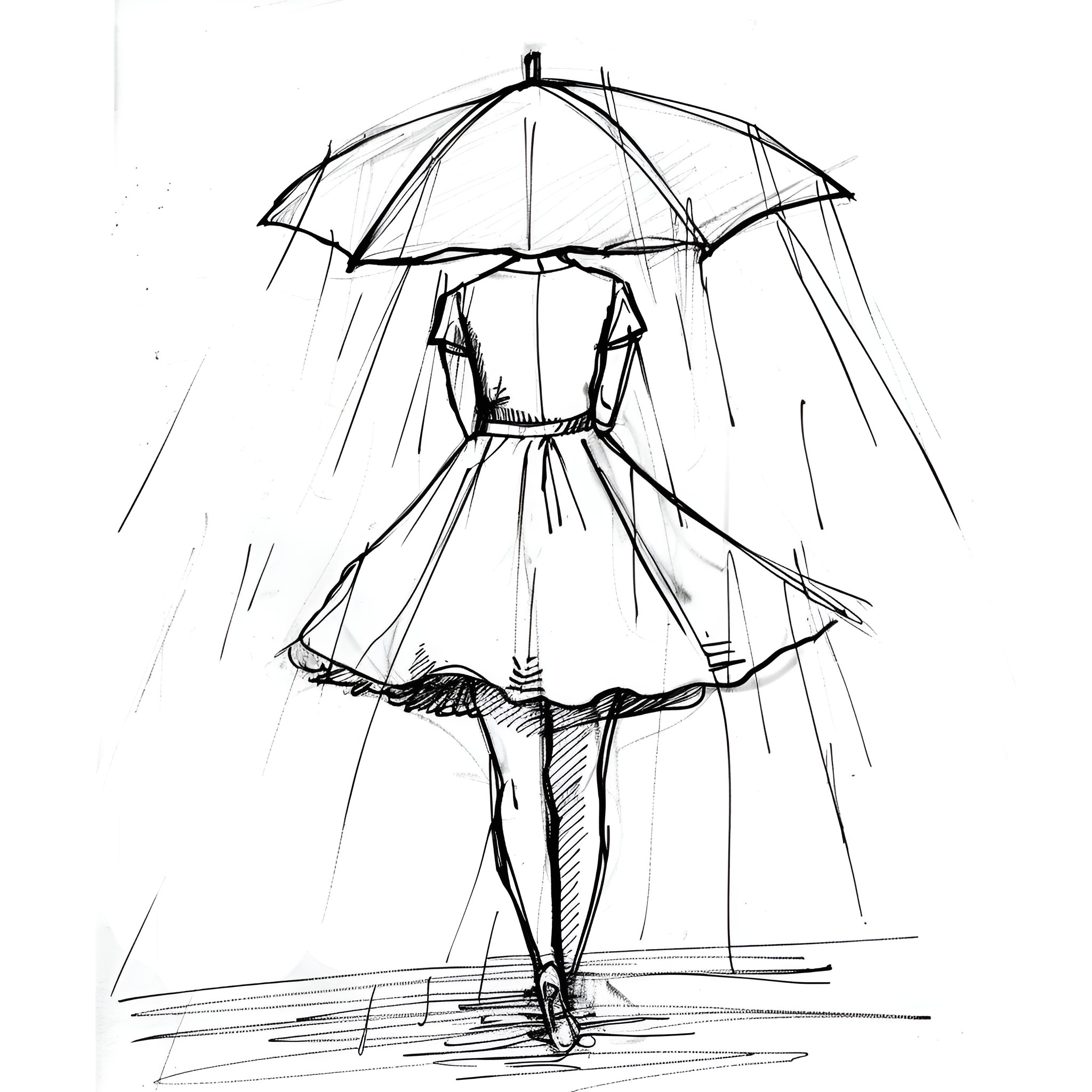 Dress in the rain Drawing Idea (free black-and-white line drawing printable PDF for all, from beginners to advanced learners, including children, teens, adults, and seniors)