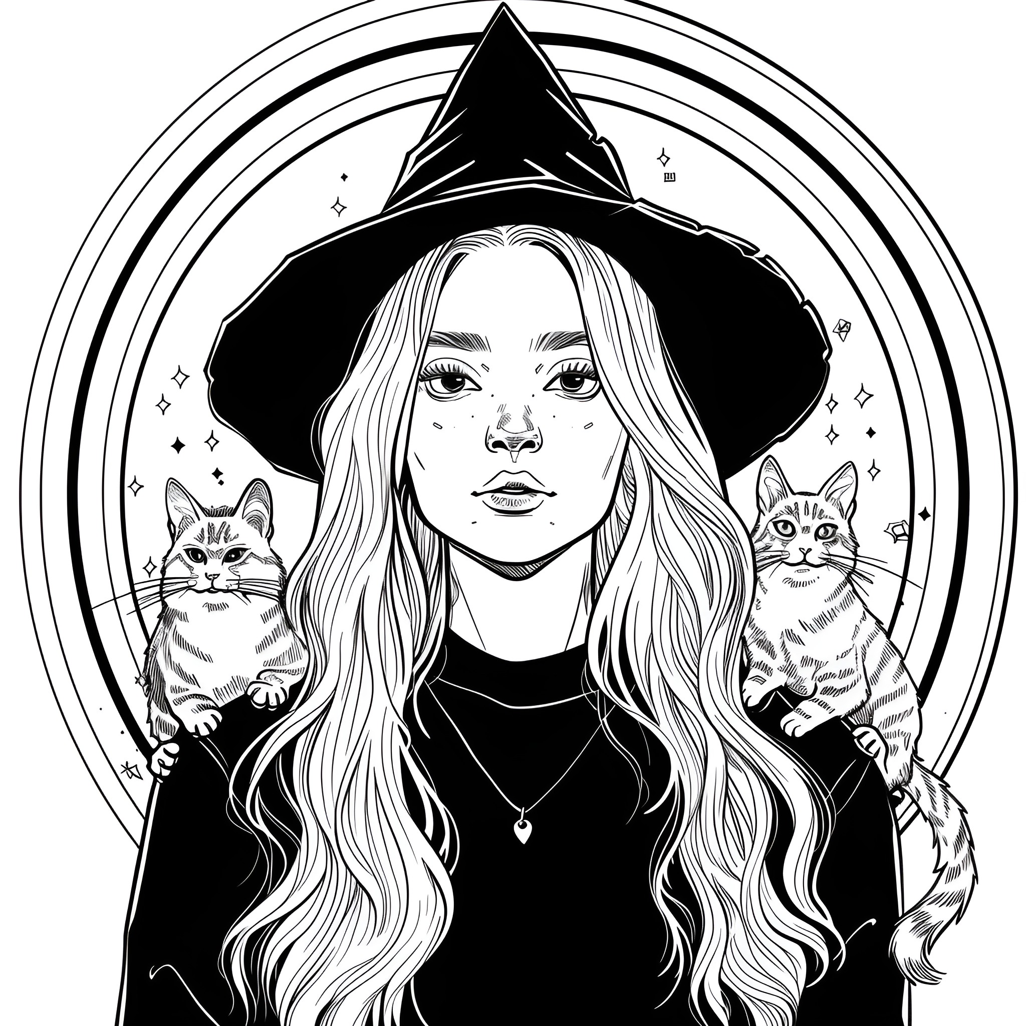 Witch with mysterious cats Drawing Idea (free black-and-white line drawing printable PDF for all, from beginners to advanced learners, including children, teens, adults, and seniors)