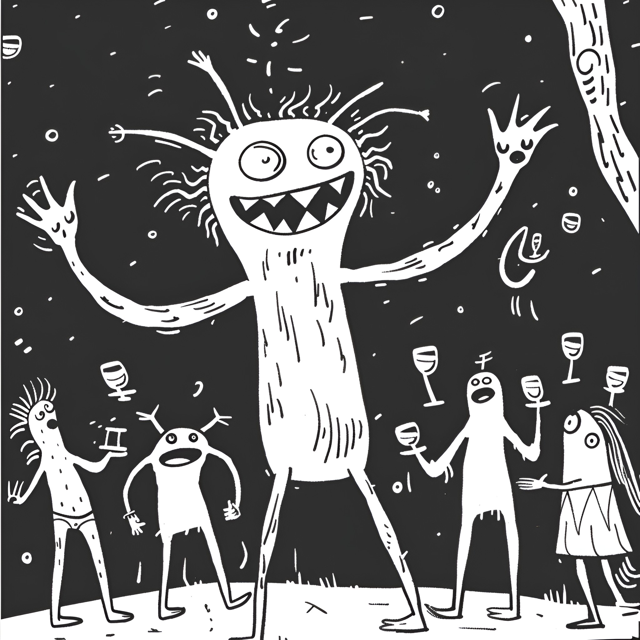 Monster party with joyful expressions Drawing Idea (free black-and-white line drawing printable PDF for all, from beginners to advanced learners, including children, teens, adults, and seniors)