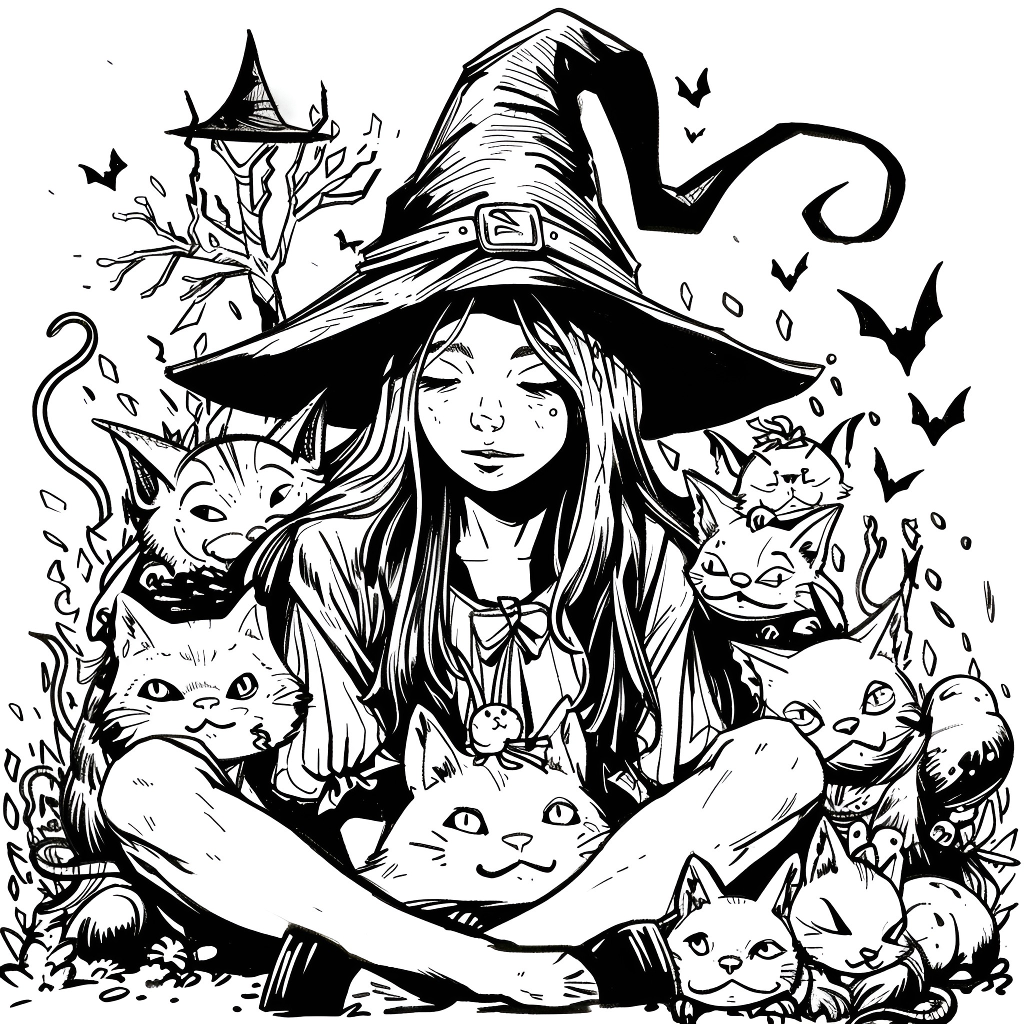 Witch surrounded by a magical flock of cats Drawing Idea (free black-and-white line drawing printable PDF for all, from beginners to advanced learners, including children, teens, adults, and seniors)