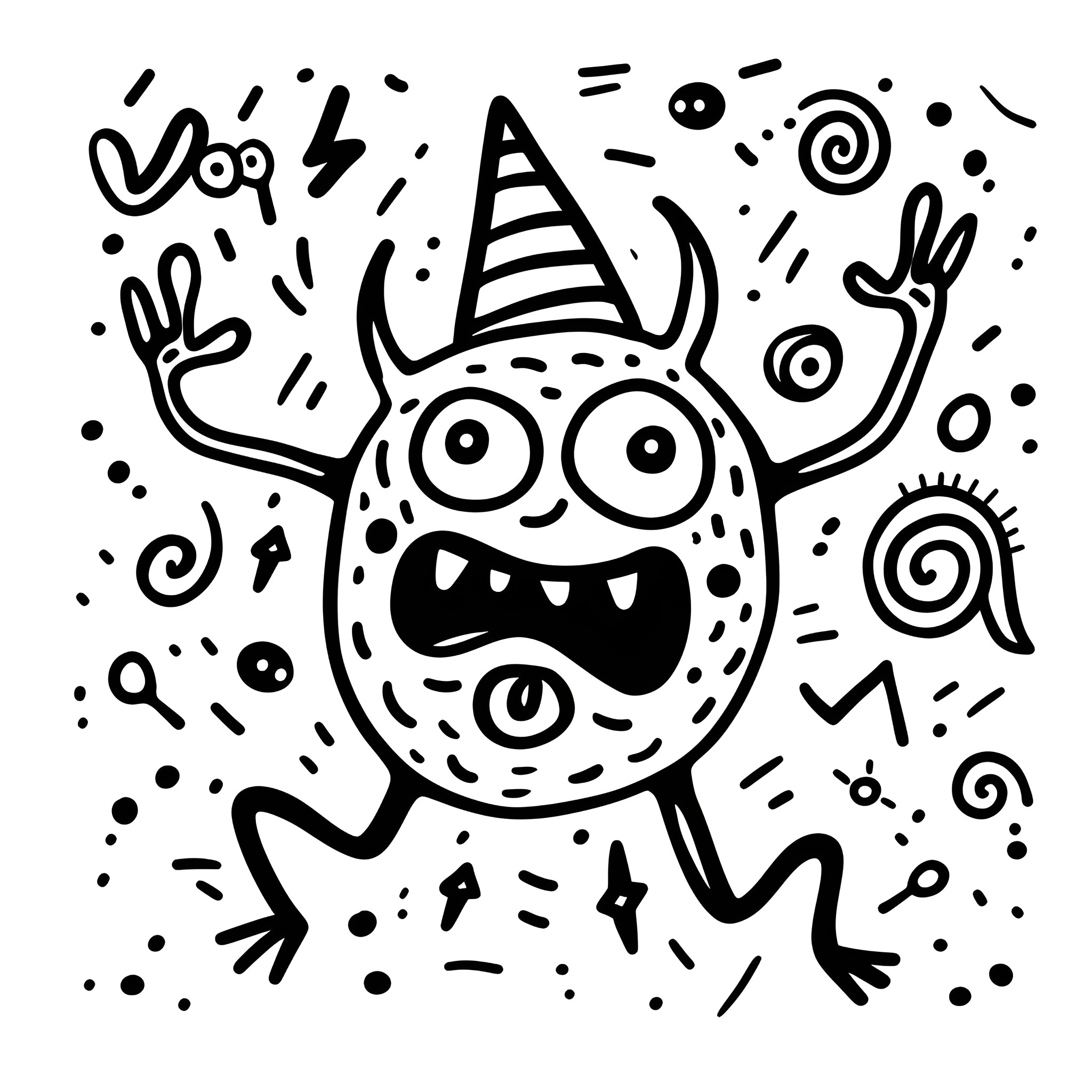 Monster with Silly Expressions Drawing Idea (free black-and-white line drawing printable PDF for all, from beginners to advanced learners, including children, teens, adults, and seniors)
