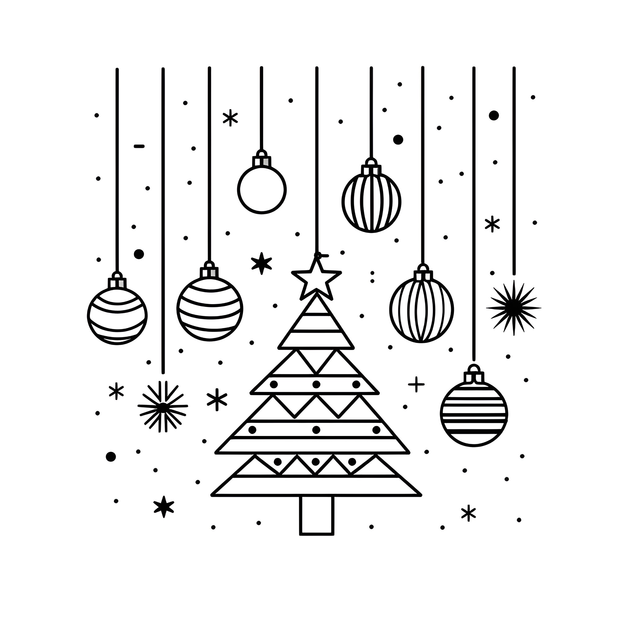 Ornaments decorating geometric Christmas tree Drawing Idea (free black-and-white line drawing printable PDF for all, from beginners to advanced learners, including children, teens, adults, and seniors)