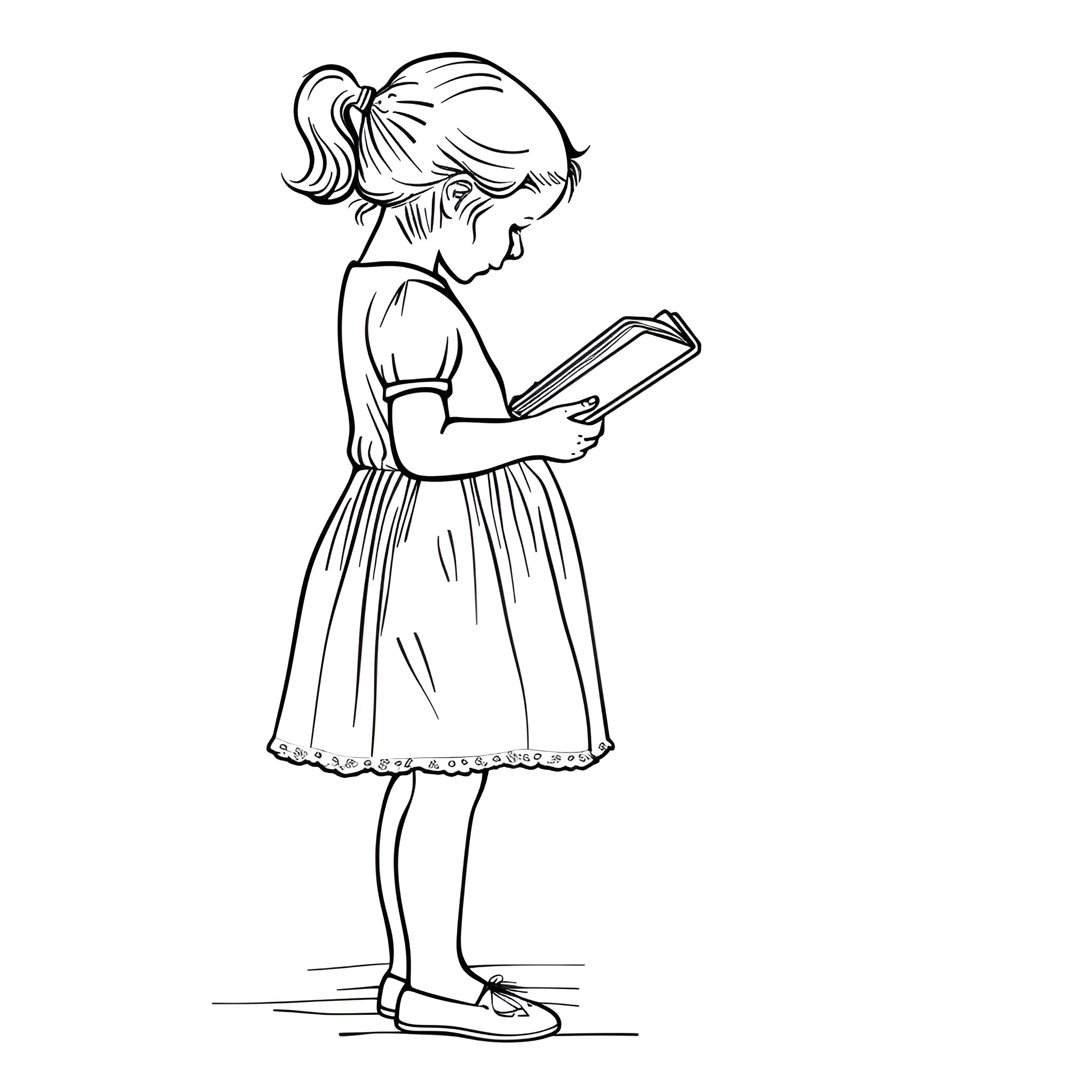 Dress wearing girl reading a book Drawing Idea (free black-and-white line drawing printable PDF for all, from beginners to advanced learners, including children, teens, adults, and seniors)