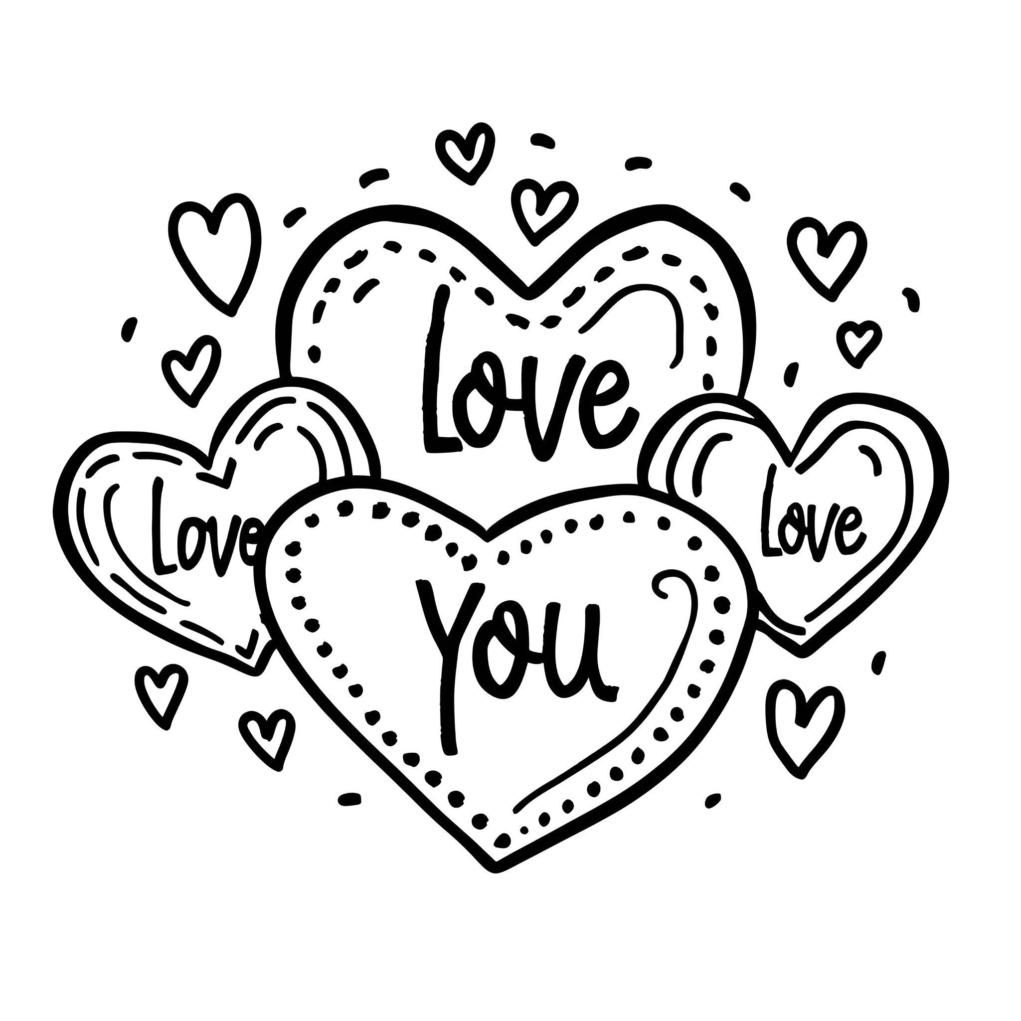 I Love You Surrounded by Hearts Drawing Idea (free black-and-white line drawing printable PDF for all, from beginners to advanced learners, including children, teens, adults, and seniors)
