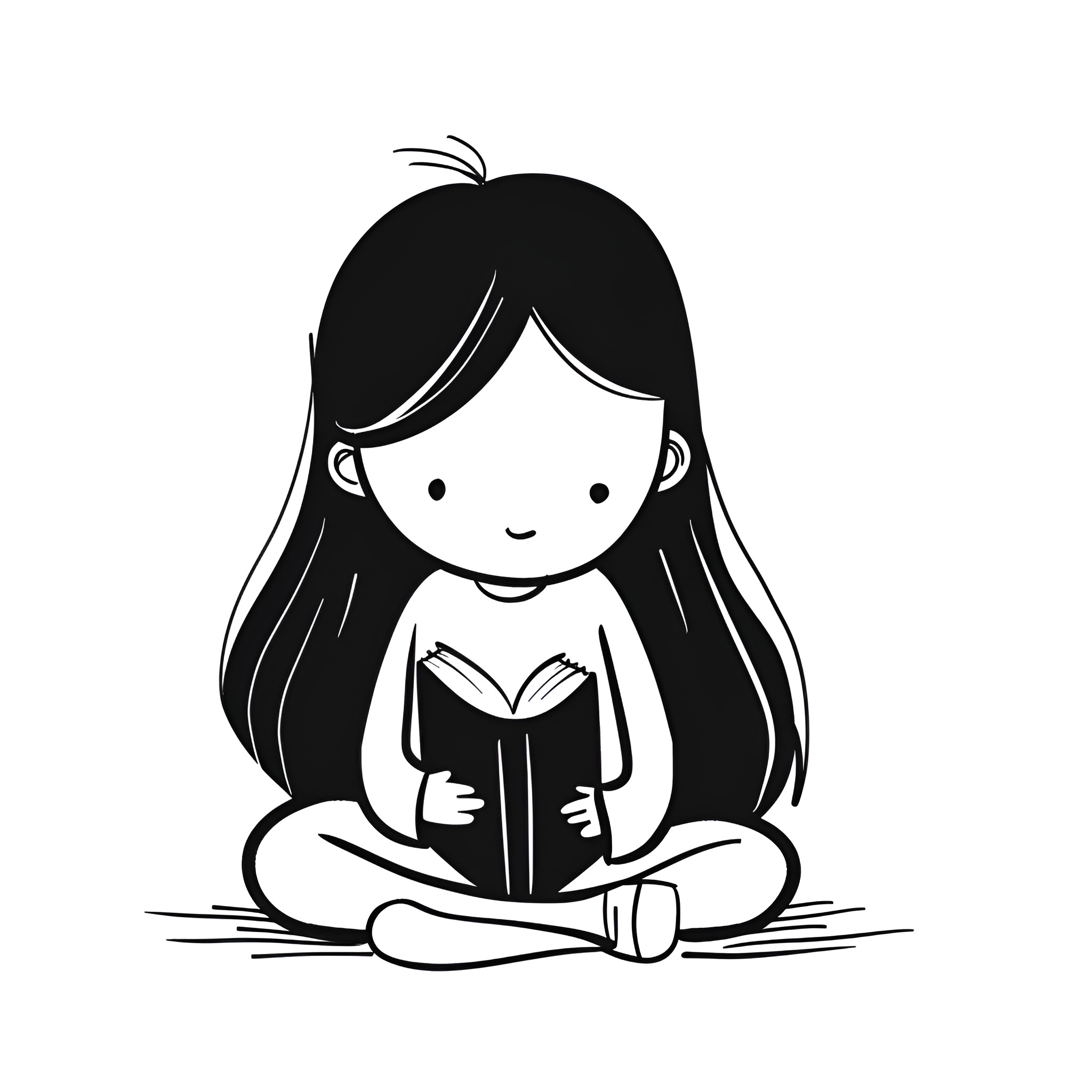 Cute girl reading book happily Drawing Idea (free black-and-white line drawing printable PDF for all, from beginners to advanced learners, including children, teens, adults, and seniors)