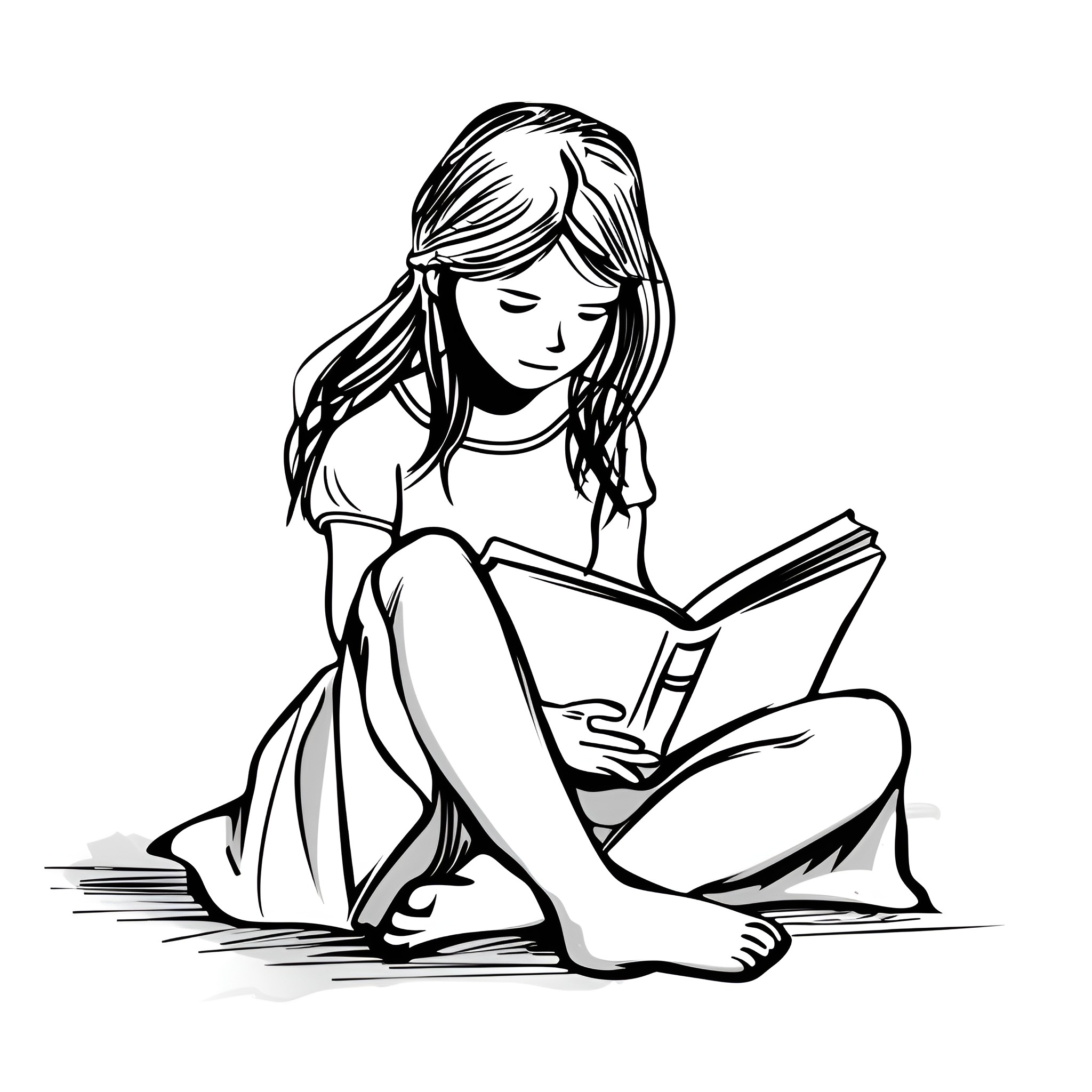 Dress Woman Reading Book Drawing Idea (free black-and-white line drawing printable PDF for all, from beginners to advanced learners, including children, teens, adults, and seniors)
