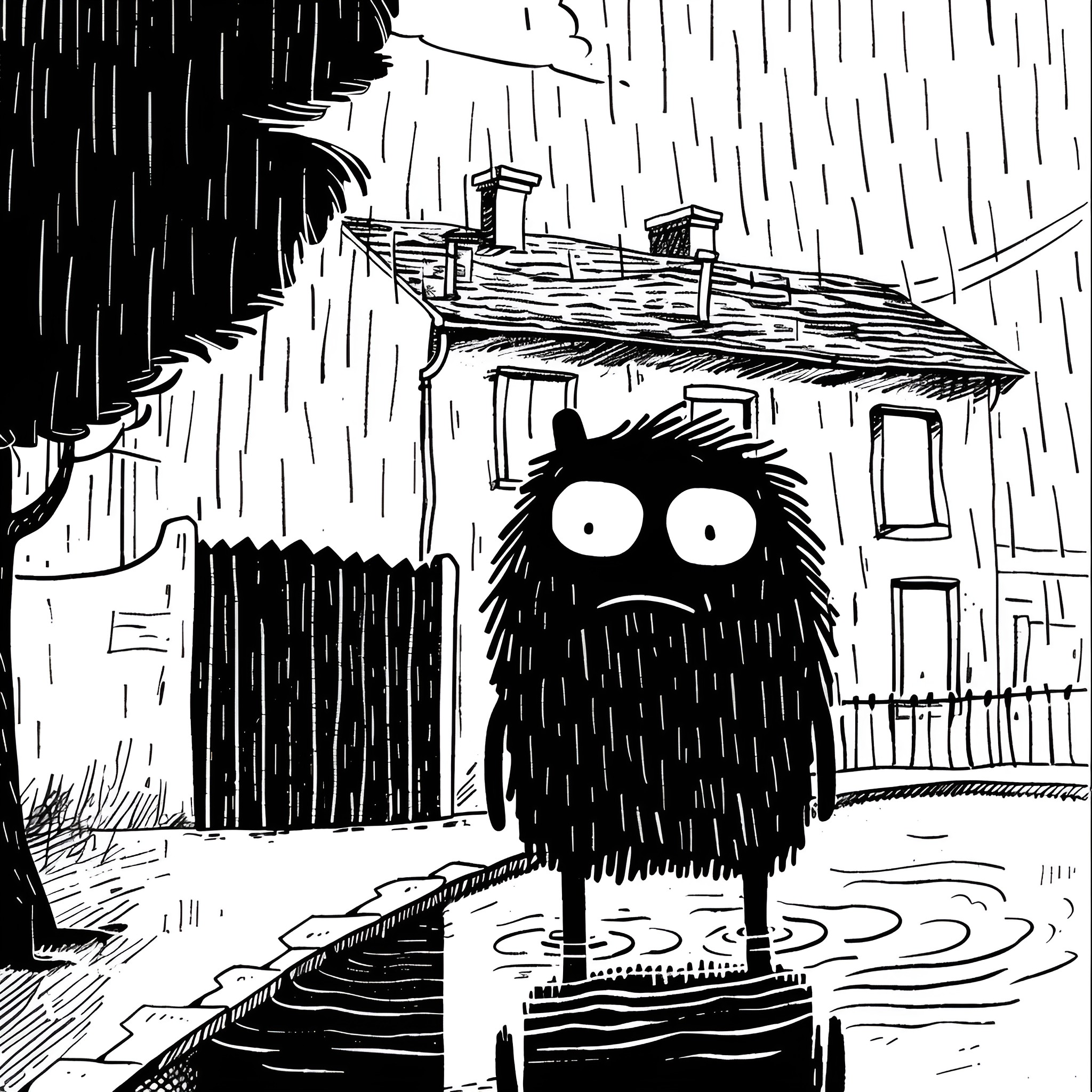Monster braving stormy weather Drawing Idea (free black-and-white line drawing printable PDF for all, from beginners to advanced learners, including children, teens, adults, and seniors)