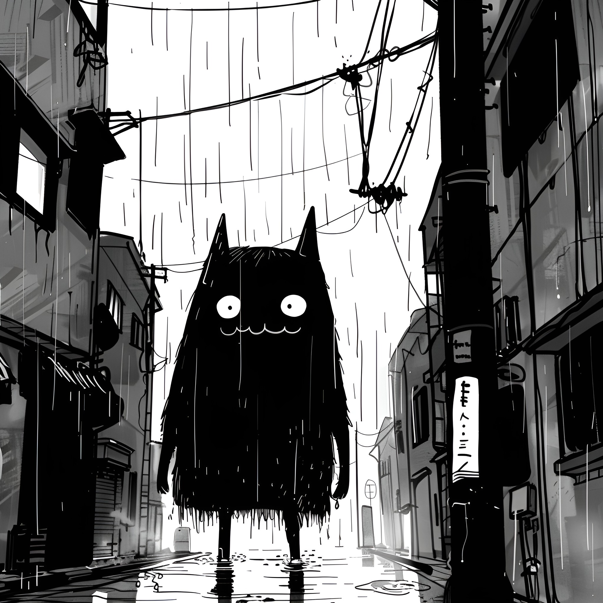 Monster lurking in rainy city alley Drawing Idea (free black-and-white line drawing printable PDF for all, from beginners to advanced learners, including children, teens, adults, and seniors)