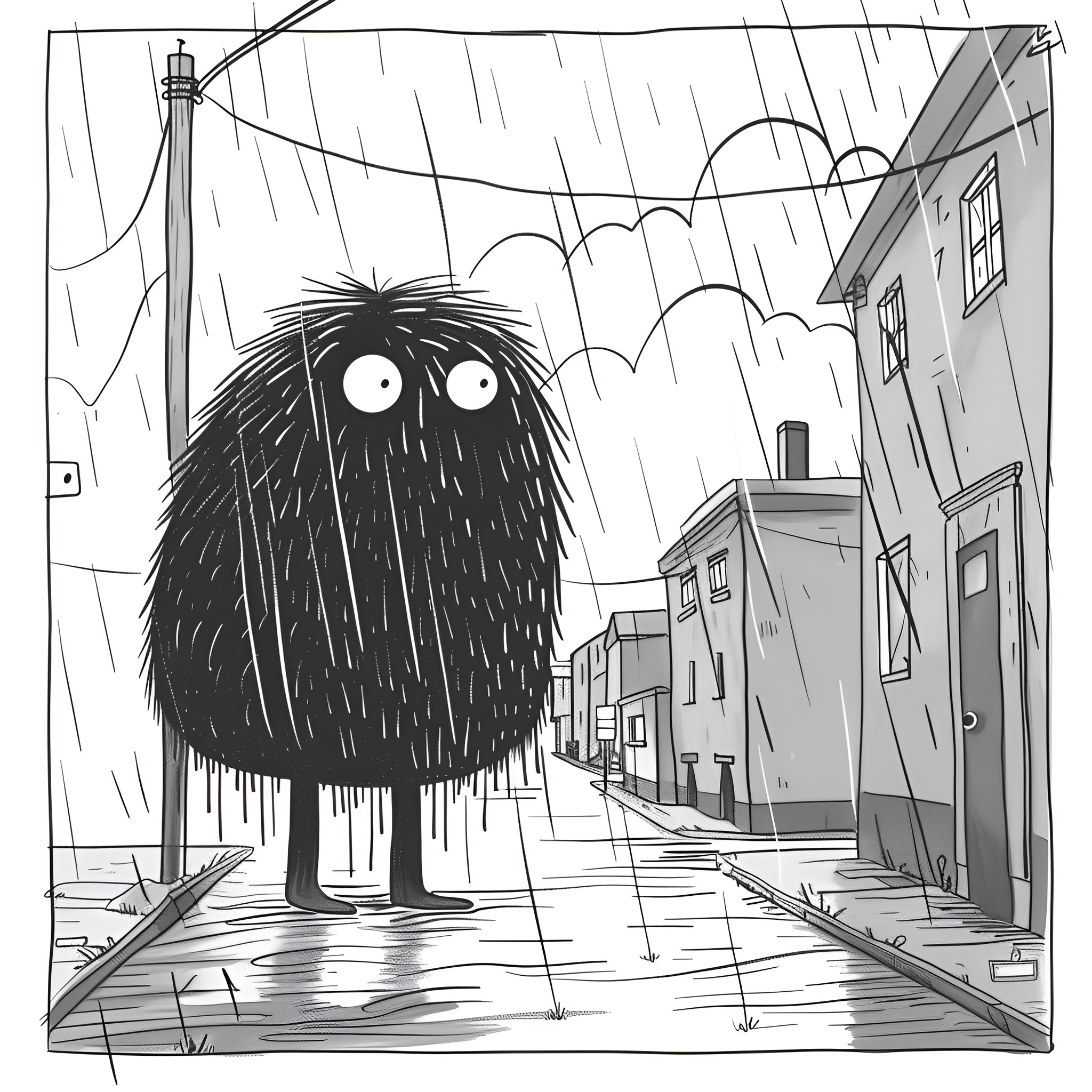 Monster caught in rainstorm on a city street Drawing Idea (free black-and-white line drawing printable PDF for all, from beginners to advanced learners, including children, teens, adults, and seniors)
