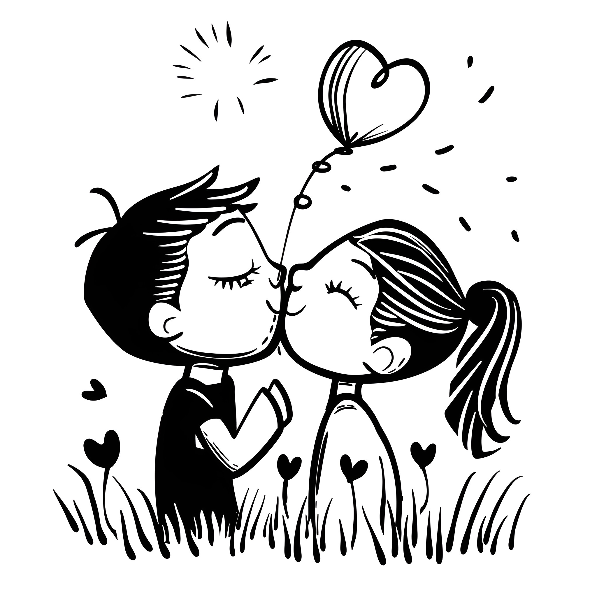 I Love You Two Kissing Passionately Drawing Idea (free black-and-white line drawing printable PDF for all, from beginners to advanced learners, including children, teens, adults, and seniors)