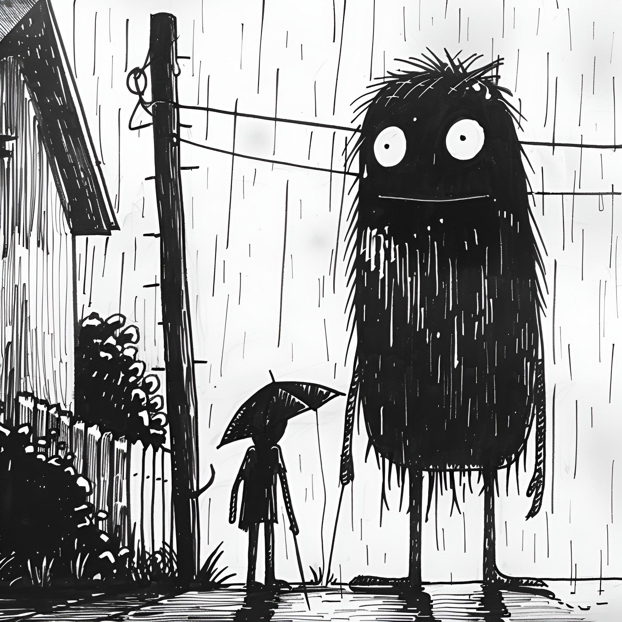 Monster standing in rainy alley with small figure Drawing Idea (free black-and-white line drawing printable PDF for all, from beginners to advanced learners, including children, teens, adults, and seniors)