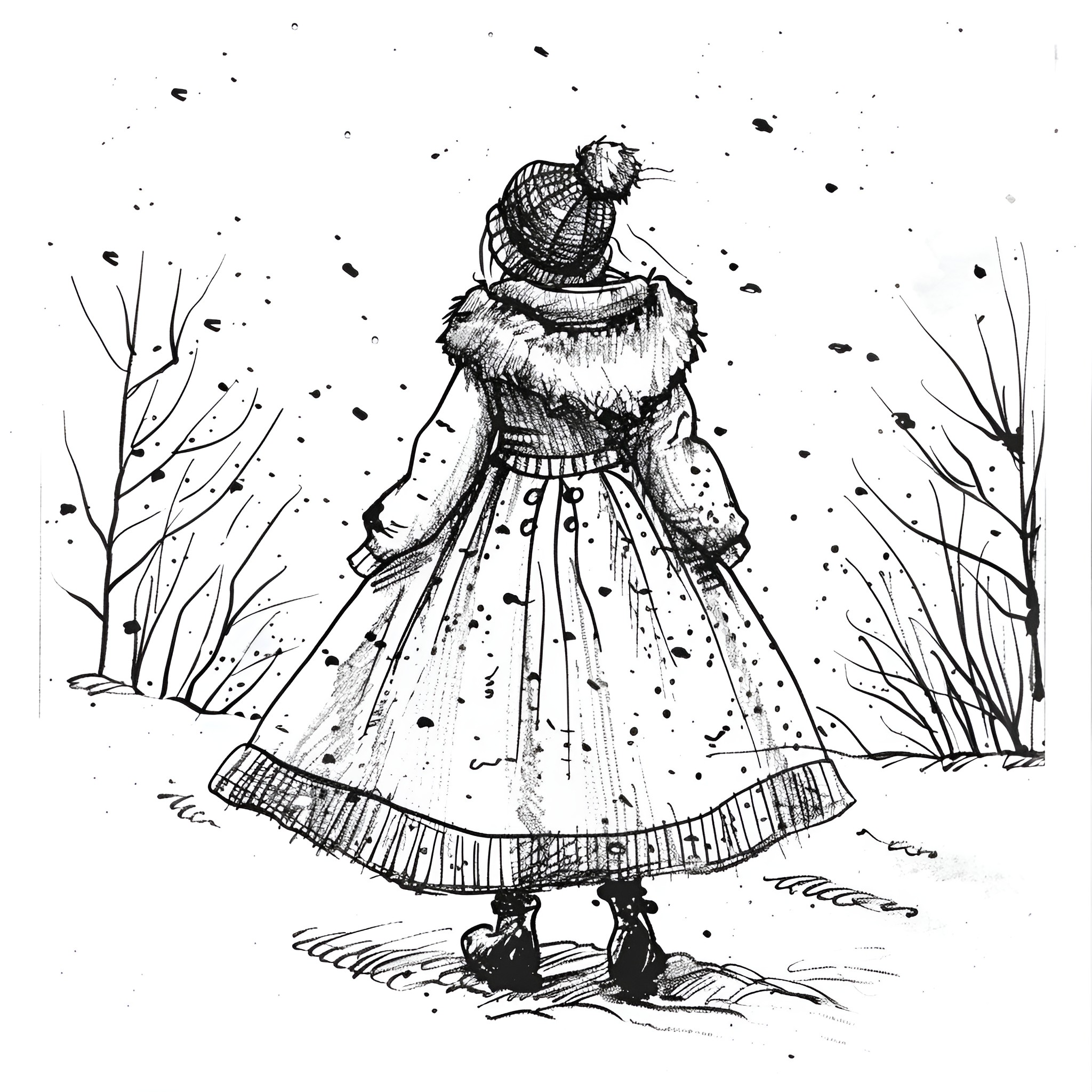 Dress of winter wonder Drawing Idea (free black-and-white line drawing printable PDF for all, from beginners to advanced learners, including children, teens, adults, and seniors)