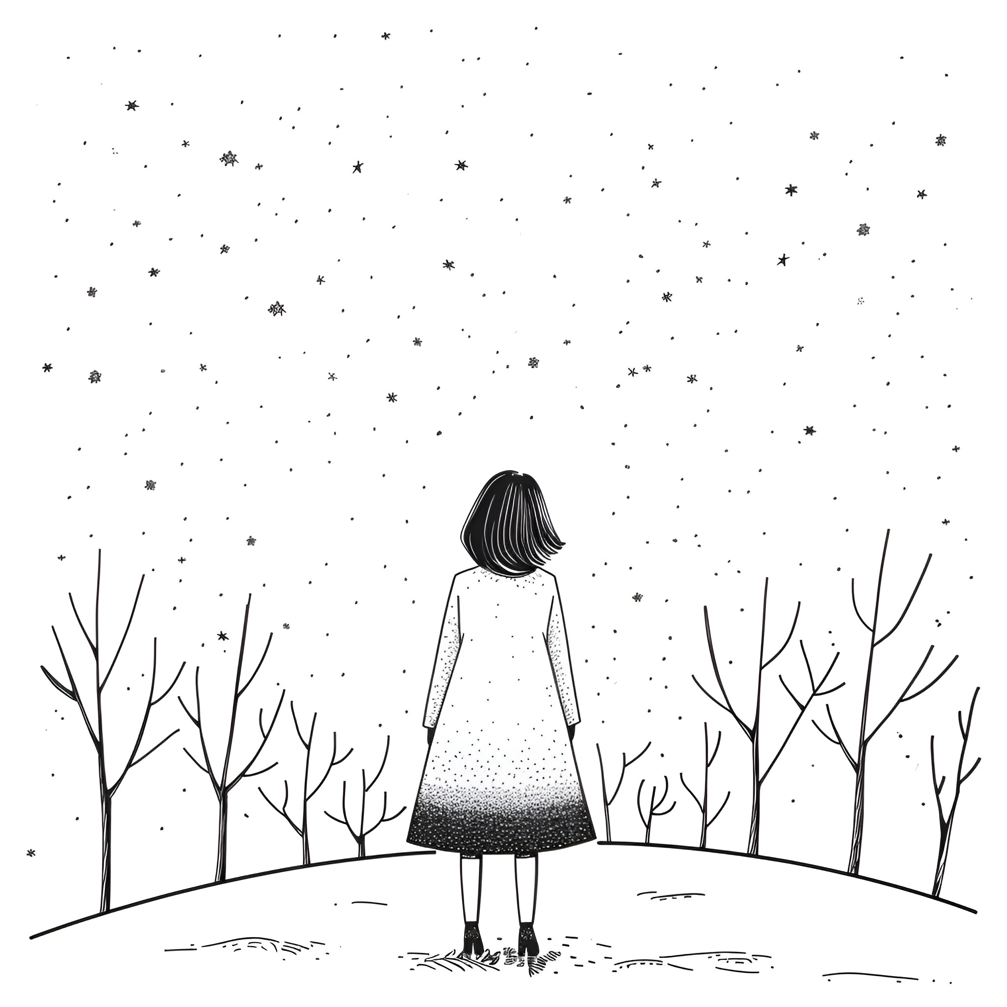 Dress in the snowy woods Drawing Idea (free black-and-white line drawing printable PDF for all, from beginners to advanced learners, including children, teens, adults, and seniors)