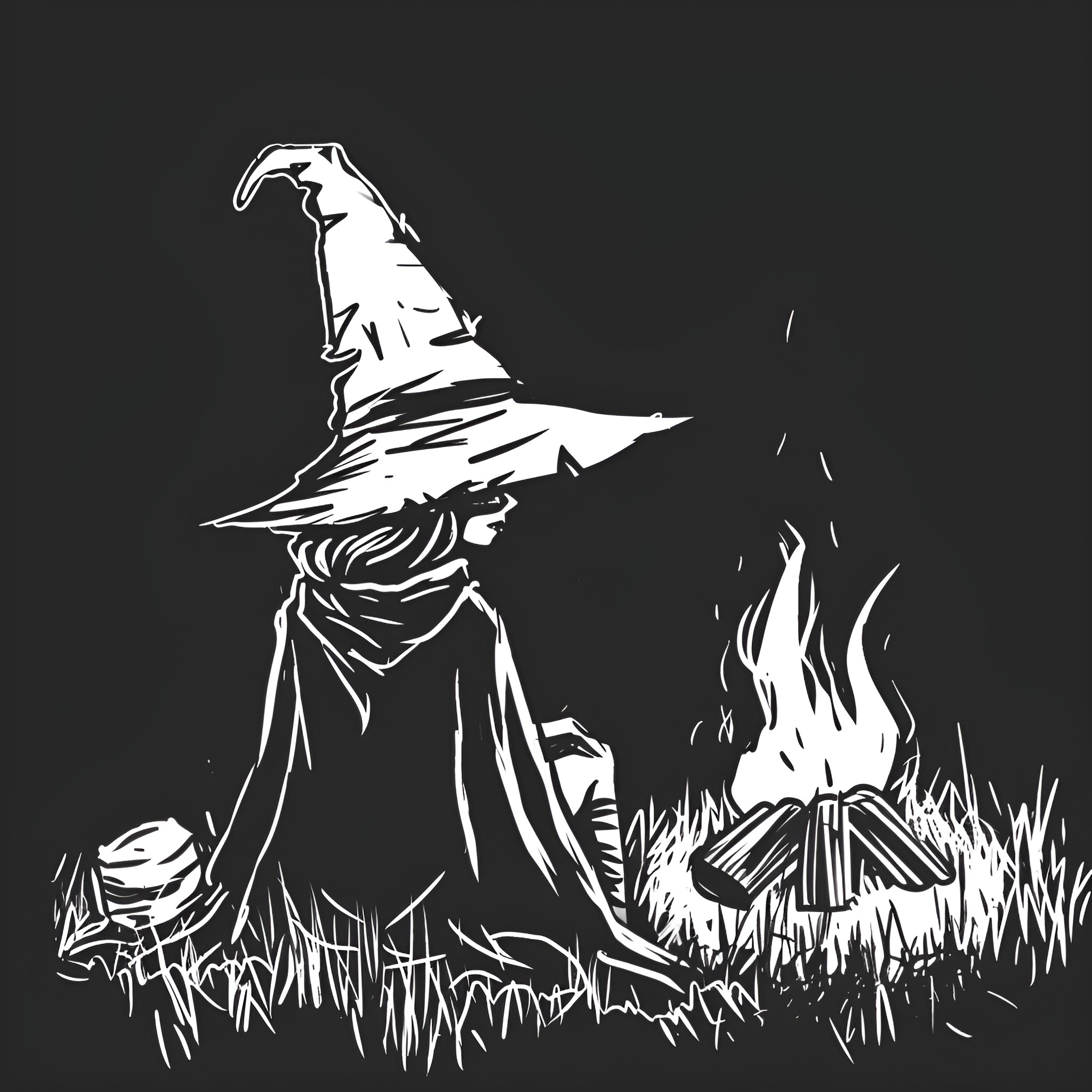 Witch casting spell by campfire Drawing Idea (free black-and-white line drawing printable PDF for all, from beginners to advanced learners, including children, teens, adults, and seniors)