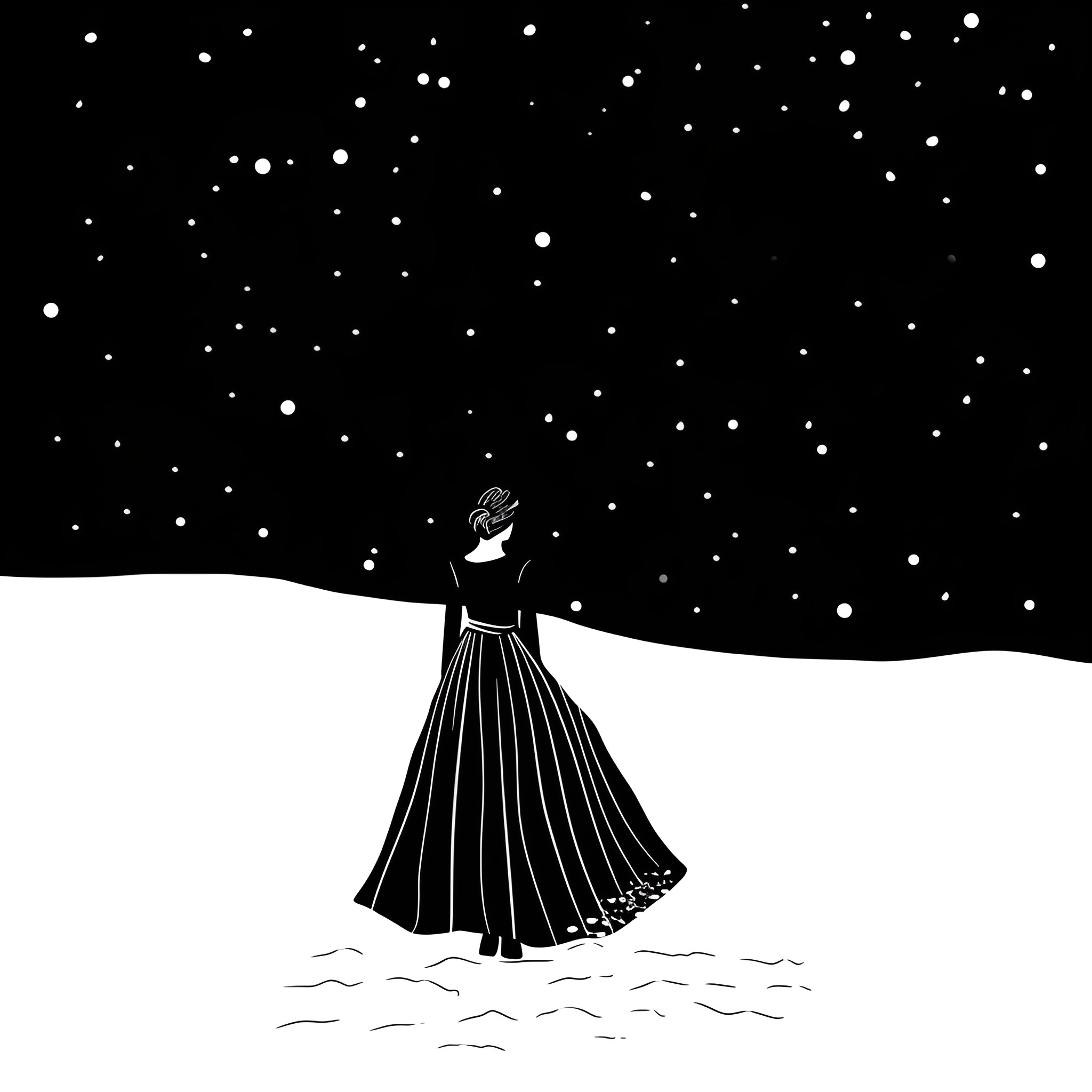 Dress in starry winter landscape Drawing Idea (free black-and-white line drawing printable PDF for all, from beginners to advanced learners, including children, teens, adults, and seniors)