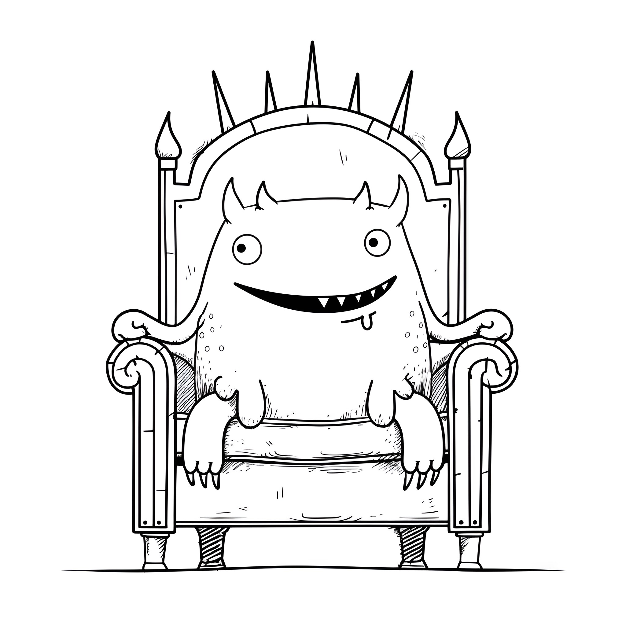 Monster sitting on a throne Drawing Idea (free black-and-white line drawing printable PDF for all, from beginners to advanced learners, including children, teens, adults, and seniors)