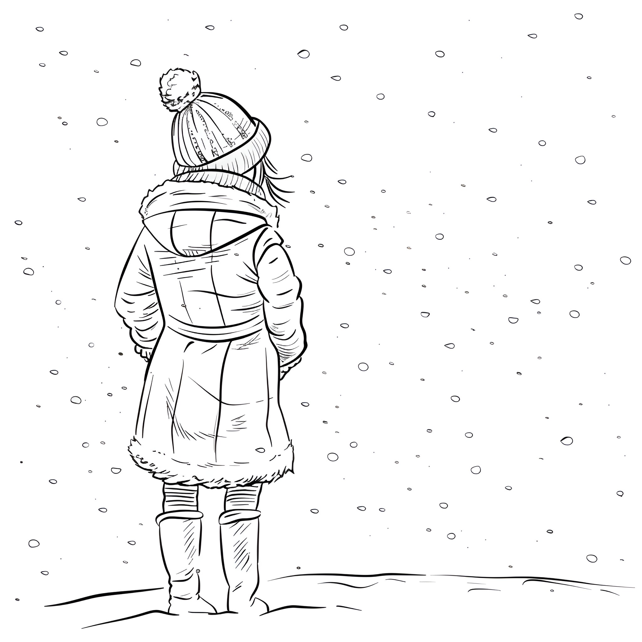 Dress in Winter Wonderland Drawing Idea (free black-and-white line drawing printable PDF for all, from beginners to advanced learners, including children, teens, adults, and seniors)