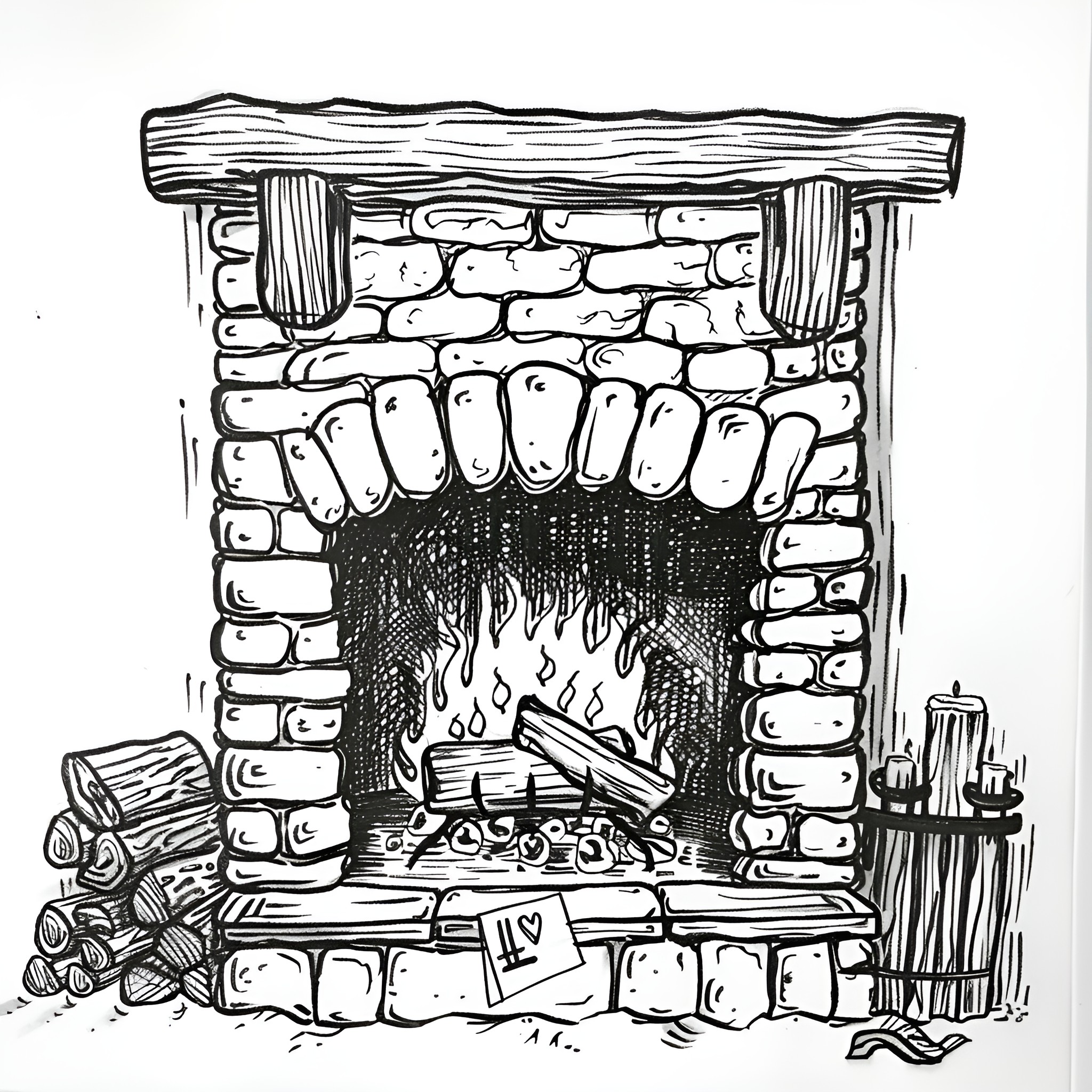 Christmas Cozy Fireplace Scene Drawing Idea (free black-and-white line drawing printable PDF for all, from beginners to advanced learners, including children, teens, adults, and seniors)