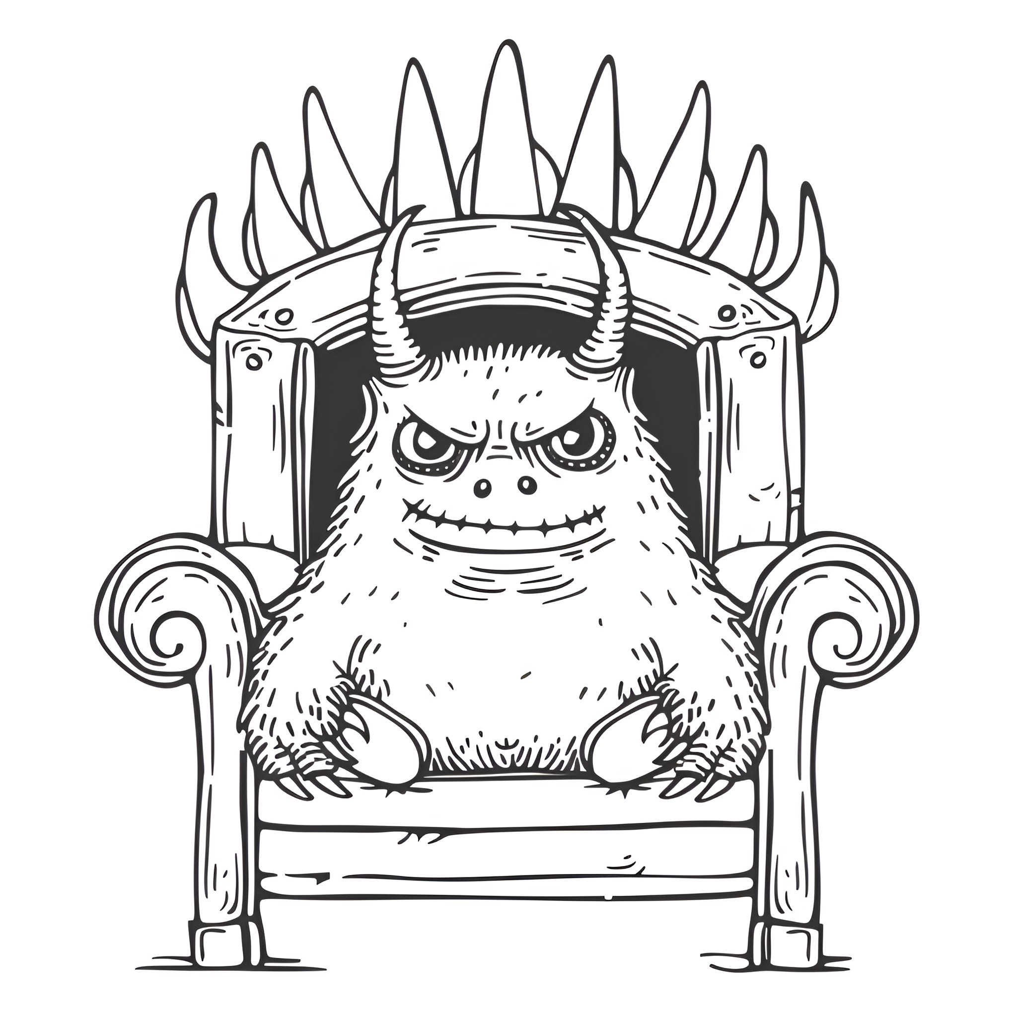 Monster on Throne with Spikes Drawing Idea (free black-and-white line drawing printable PDF for all, from beginners to advanced learners, including children, teens, adults, and seniors)