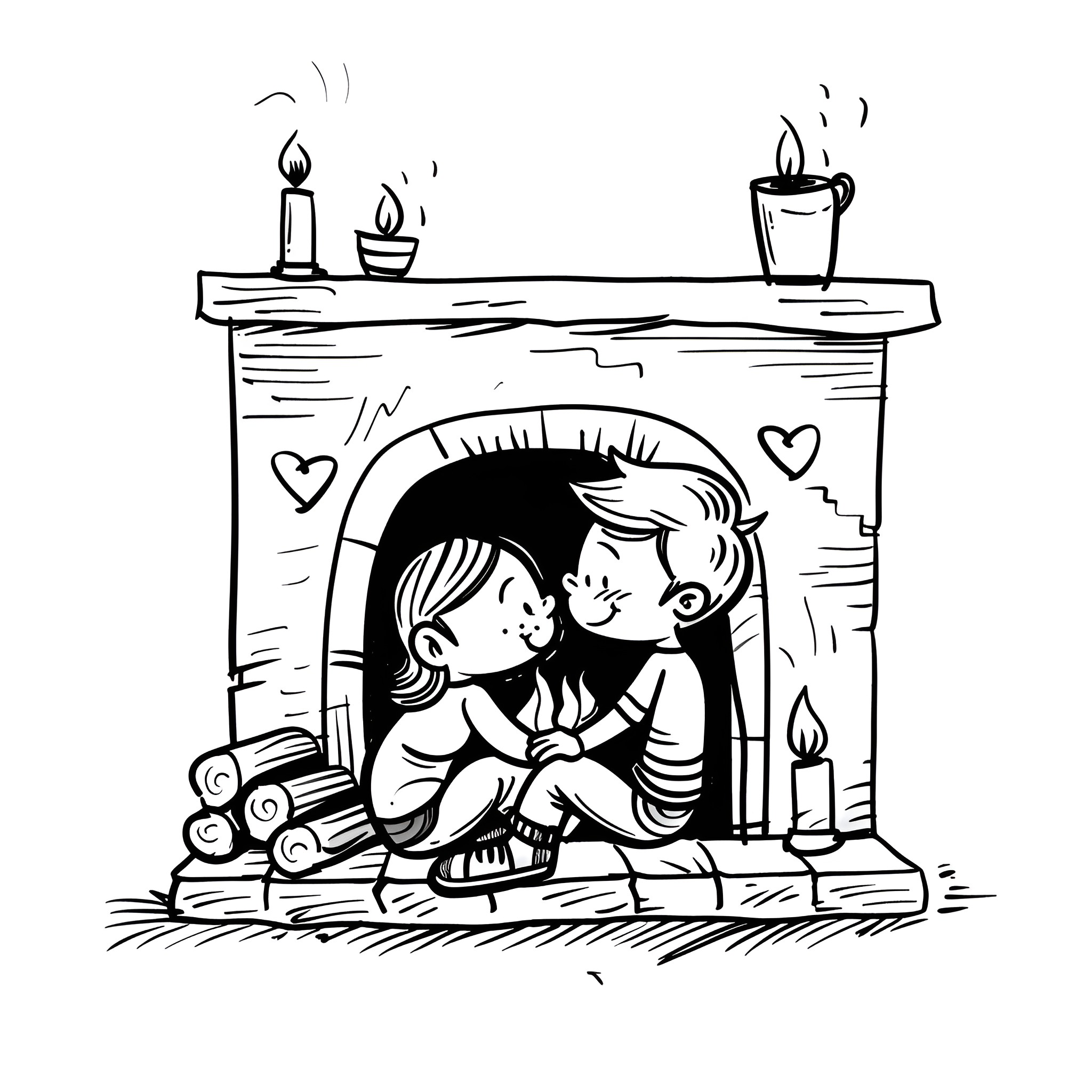 I Love You Cuddling Warmly by Fireplace Drawing Idea (free black-and-white line drawing printable PDF for all, from beginners to advanced learners, including children, teens, adults, and seniors)