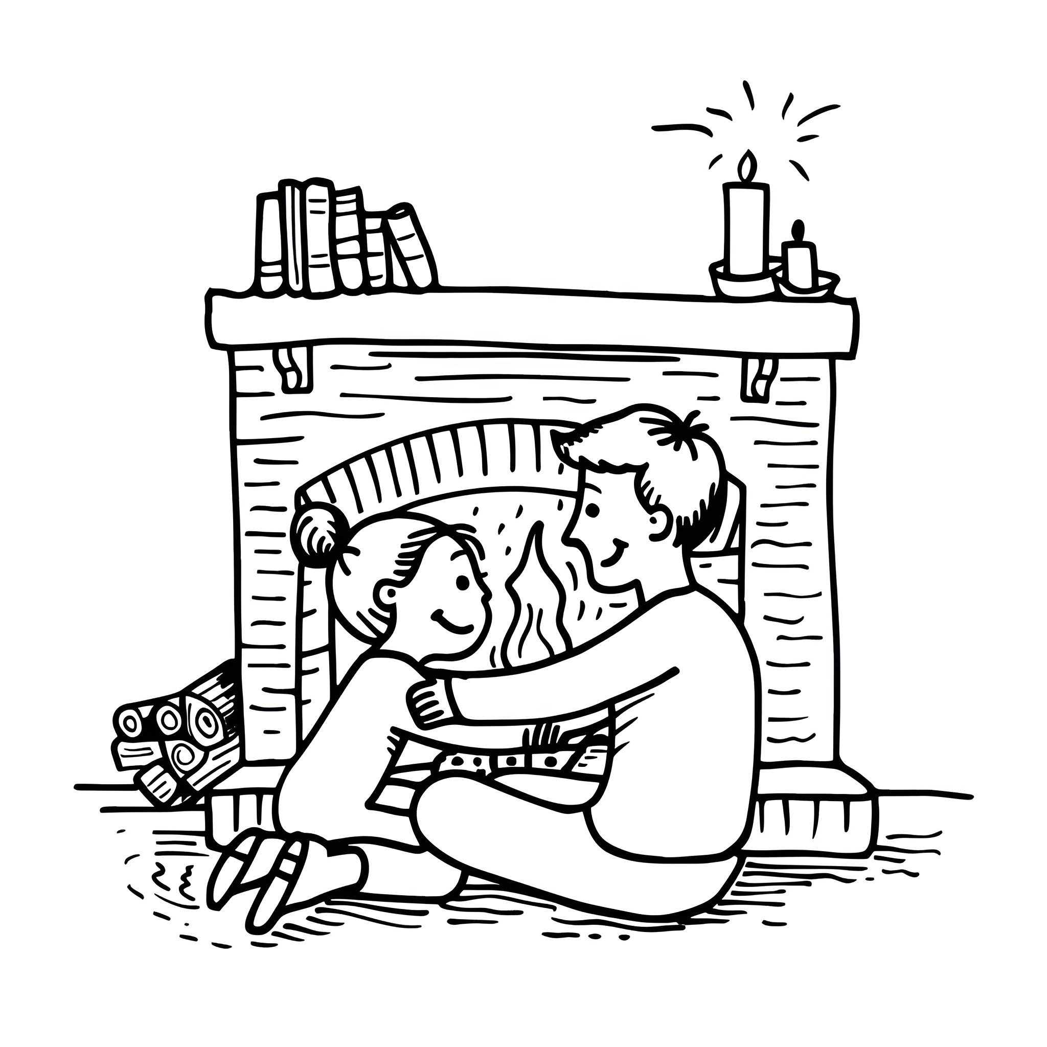 I Love You Cuddling by Cozy Fireplace Drawing Idea (free black-and-white line drawing printable PDF for all, from beginners to advanced learners, including children, teens, adults, and seniors)