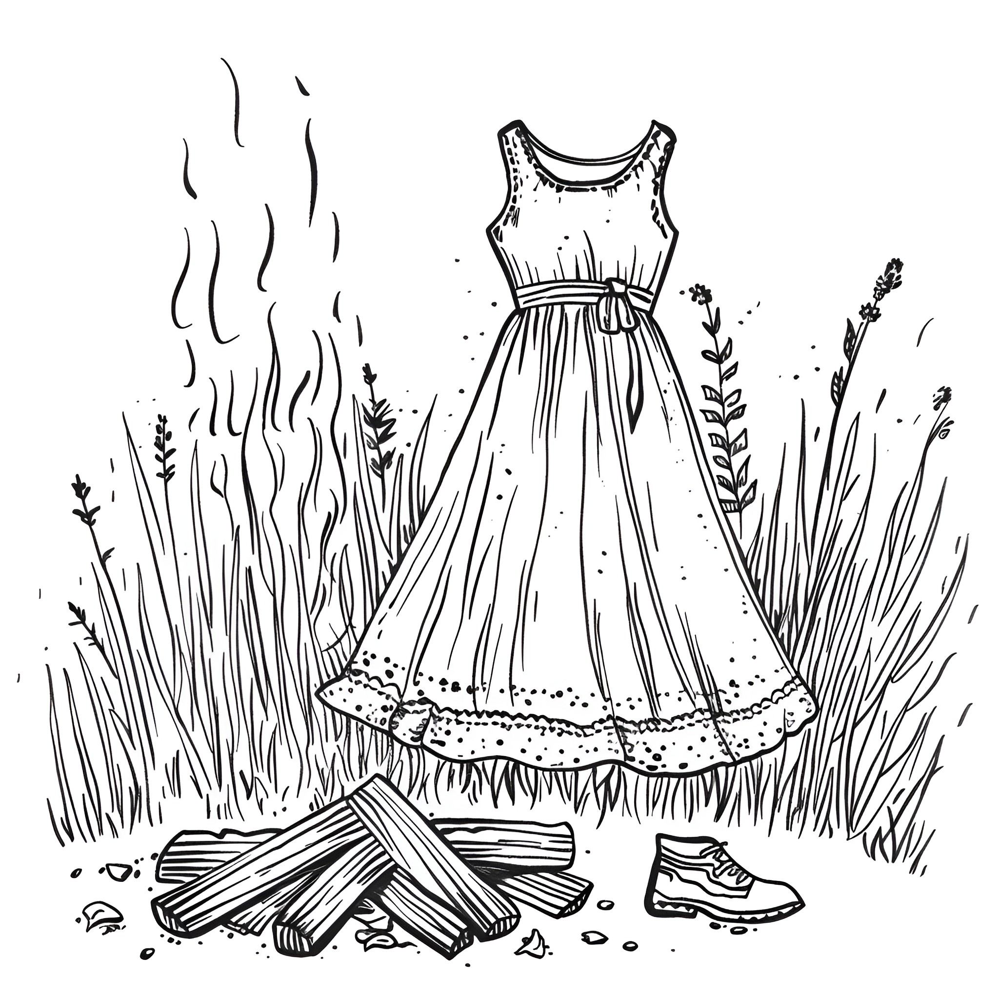 Dress blowing in the wind by campfire Drawing Idea (free black-and-white line drawing printable PDF for all, from beginners to advanced learners, including children, teens, adults, and seniors)