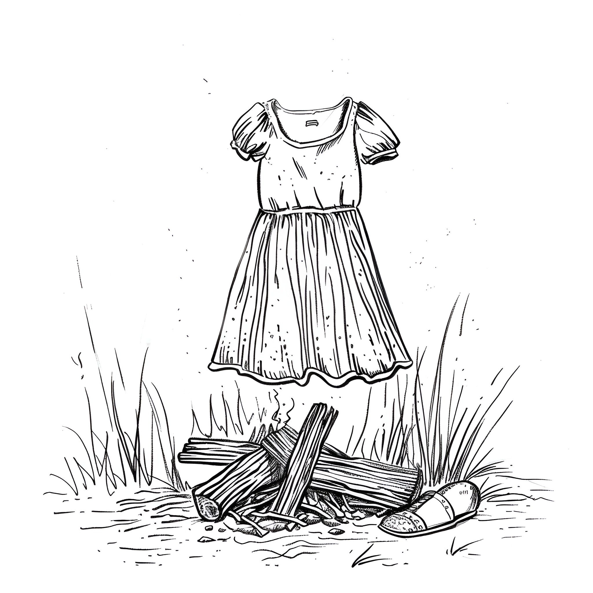 Dress suspended in nature Drawing Idea (free black-and-white line drawing printable PDF for all, from beginners to advanced learners, including children, teens, adults, and seniors)