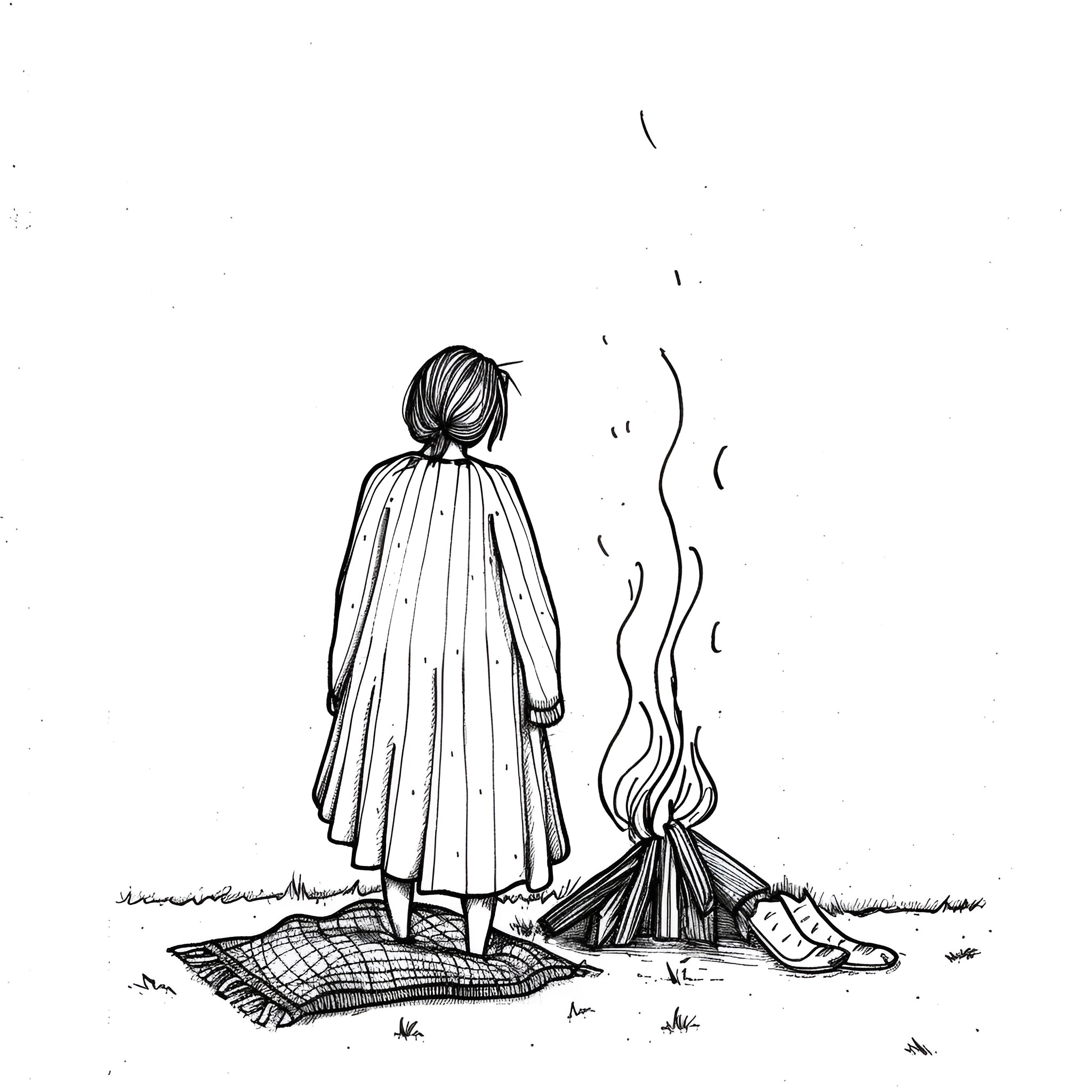 Dress of solace by the campfire Drawing Idea (free black-and-white line drawing printable PDF for all, from beginners to advanced learners, including children, teens, adults, and seniors)