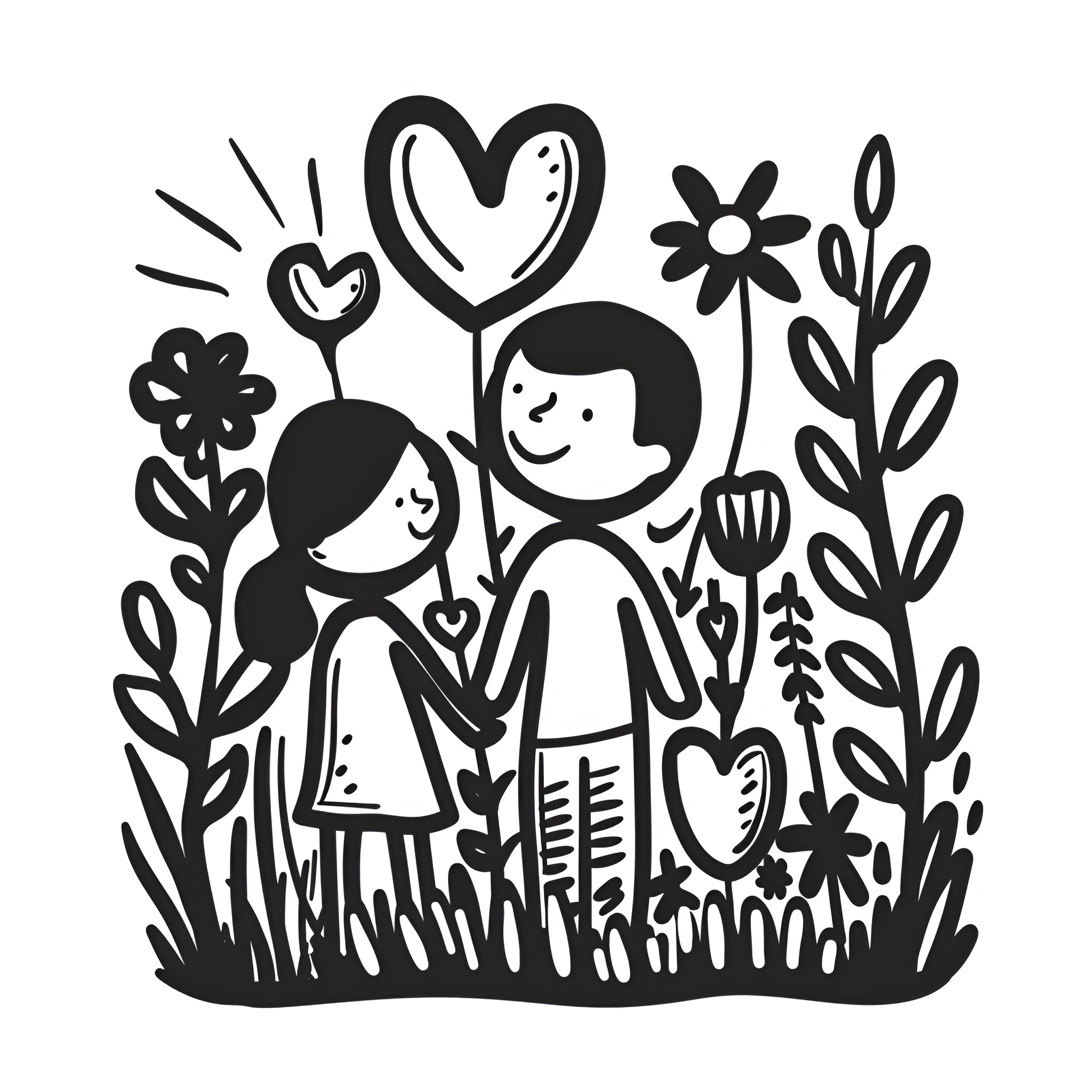 I Love You Holding Hands in Floral Field Drawing Idea (free black-and-white line drawing printable PDF for all, from beginners to advanced learners, including children, teens, adults, and seniors)