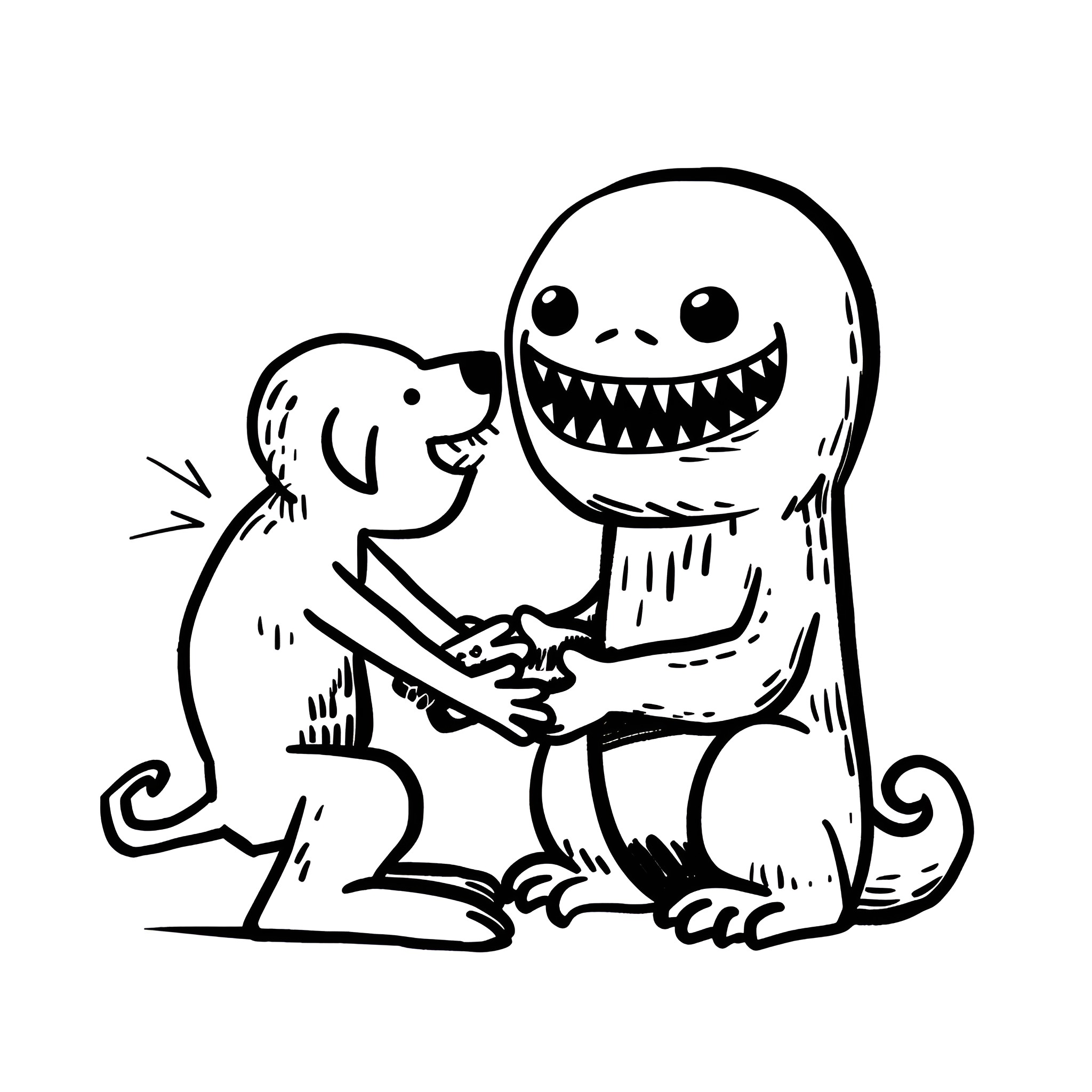 Monster friends playing together Drawing Idea (free black-and-white line drawing printable PDF for all, from beginners to advanced learners, including children, teens, adults, and seniors)