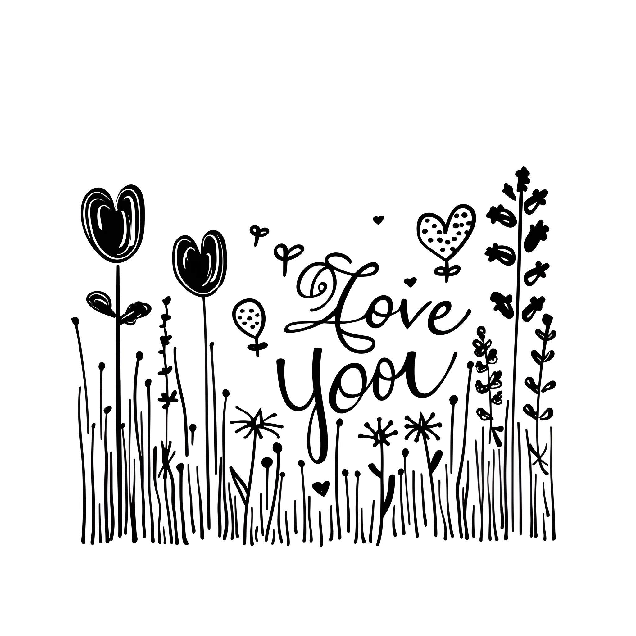 I Love You Silhouetted Floral Scene Drawing Idea (free black-and-white line drawing printable PDF for all, from beginners to advanced learners, including children, teens, adults, and seniors)