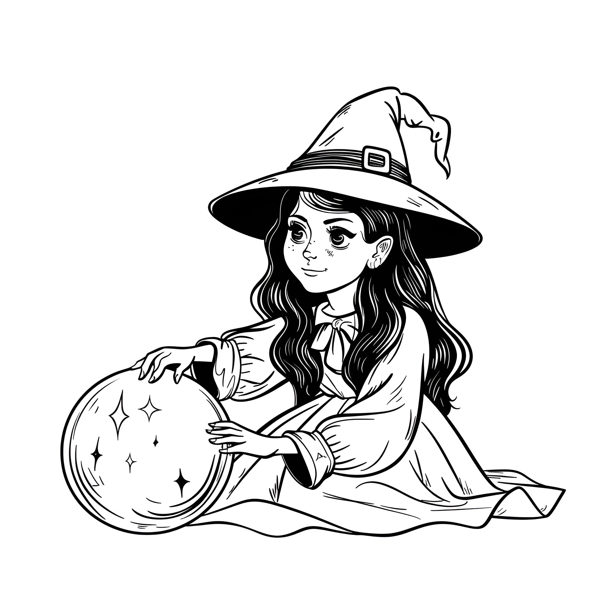 Witch casting spells with magical orb Drawing Idea (free black-and-white line drawing printable PDF for all, from beginners to advanced learners, including children, teens, adults, and seniors)