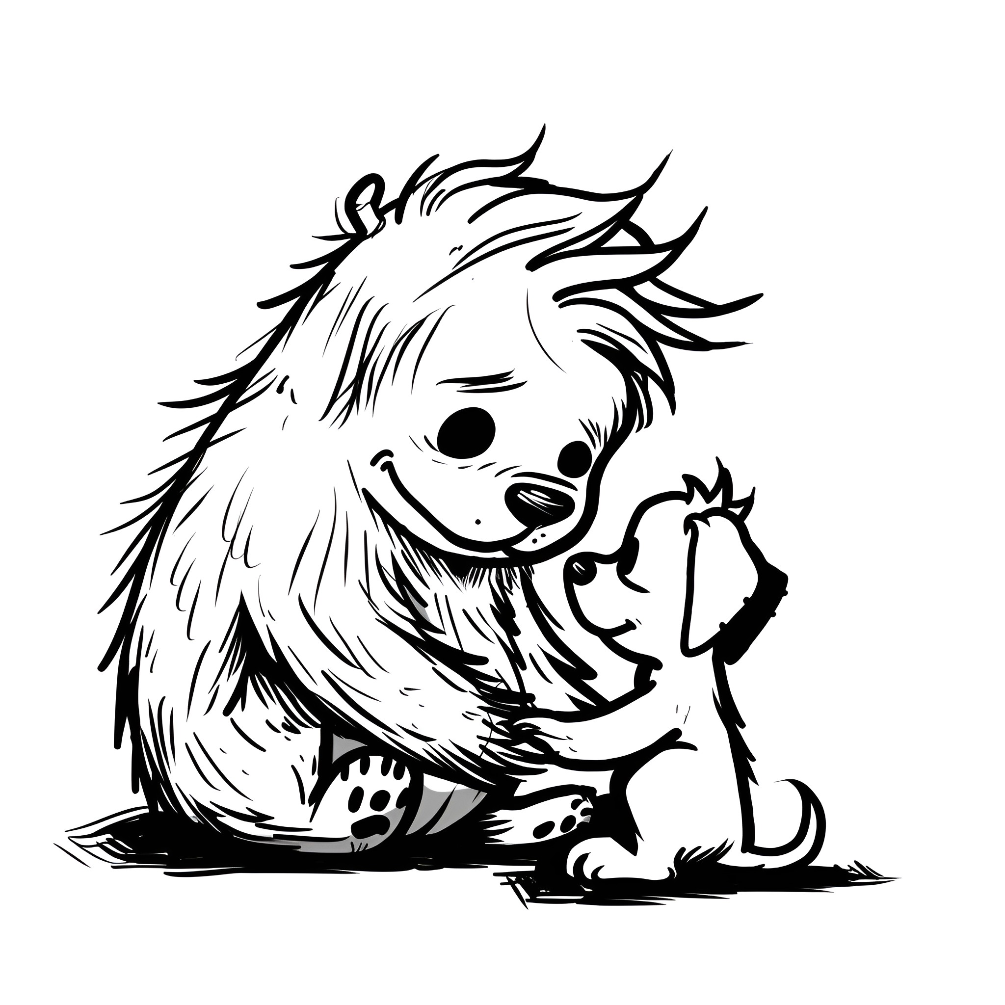 Monster cuddling with a puppy Drawing Idea (free black-and-white line drawing printable PDF for all, from beginners to advanced learners, including children, teens, adults, and seniors)