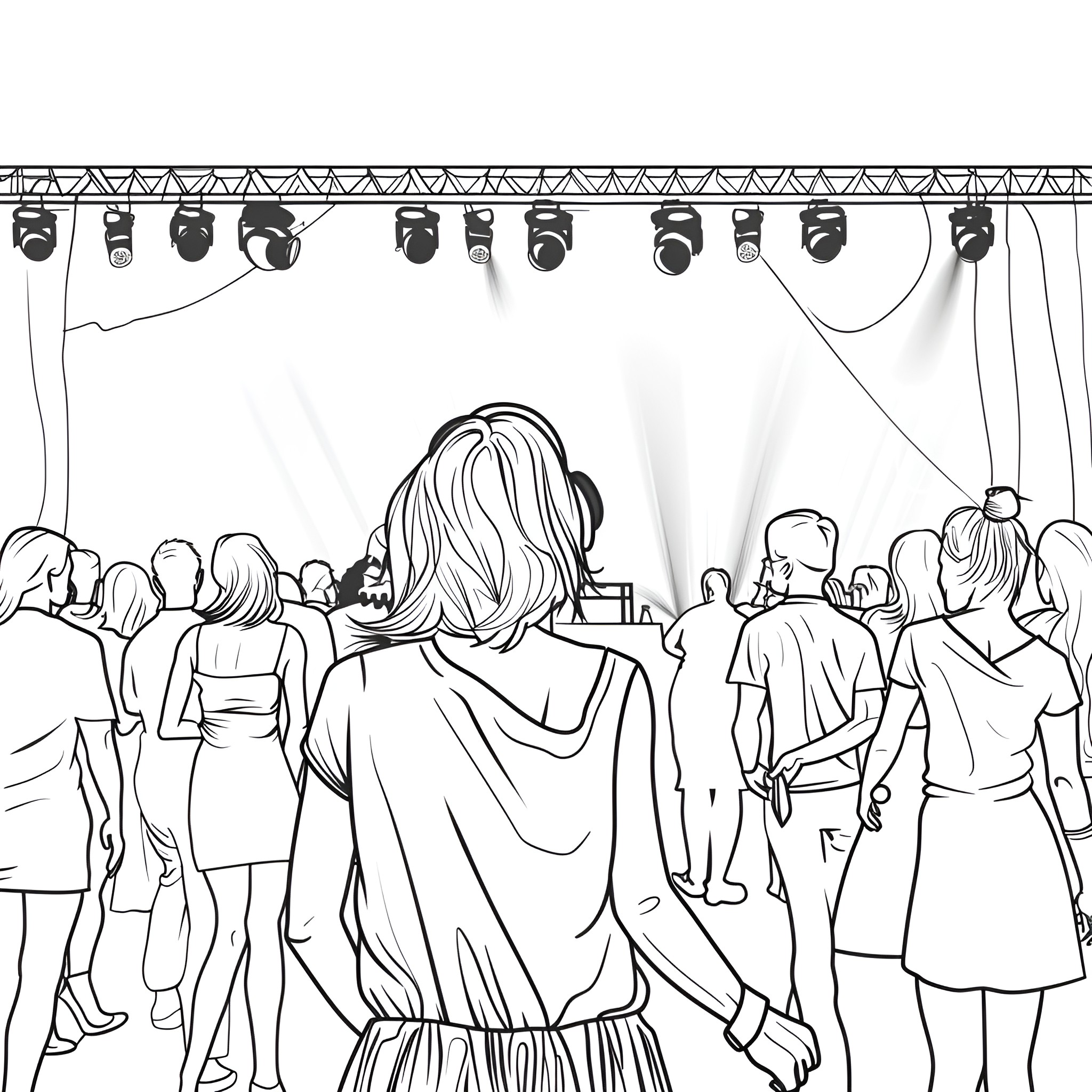 Dress Performers Taking the Stage Drawing Idea (free black-and-white line drawing printable PDF for all, from beginners to advanced learners, including children, teens, adults, and seniors)