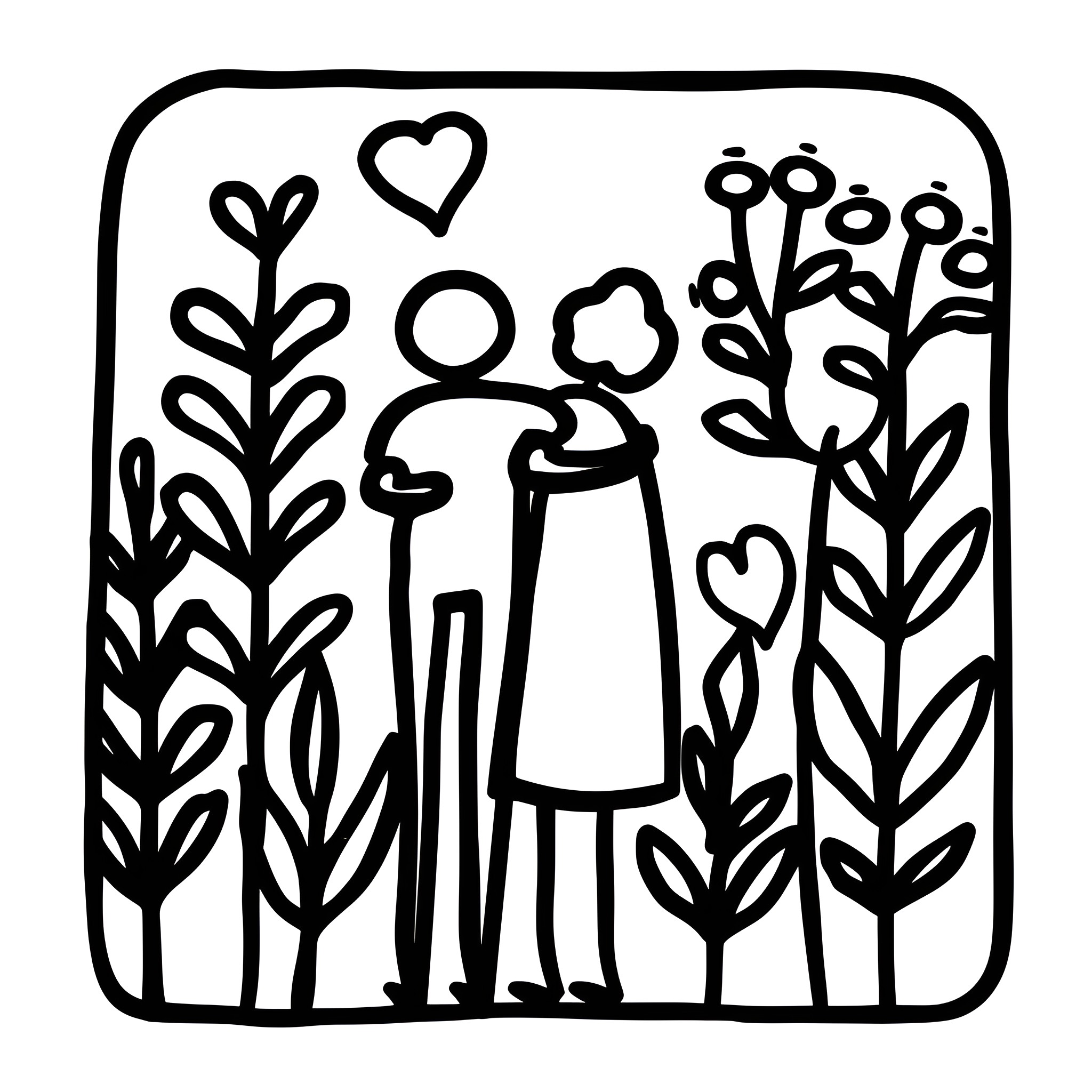 I Love You Embracing in Floral Garden Drawing Idea (free black-and-white line drawing printable PDF for all, from beginners to advanced learners, including children, teens, adults, and seniors)