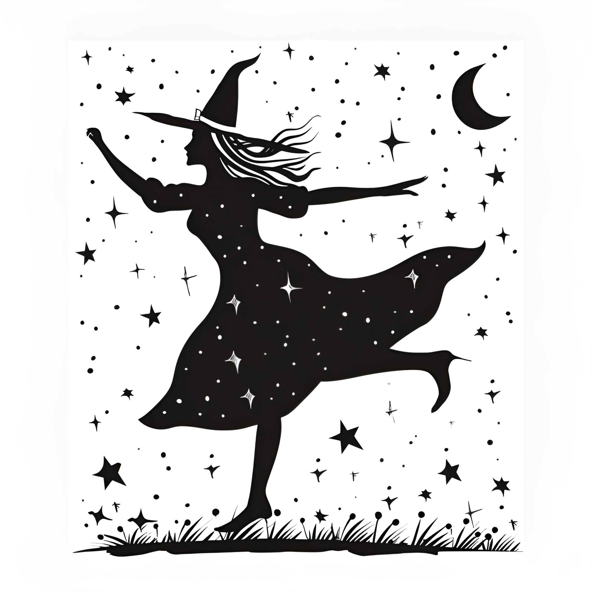 Witch dancing among the stars Drawing Idea (free black-and-white line drawing printable PDF for all, from beginners to advanced learners, including children, teens, adults, and seniors)