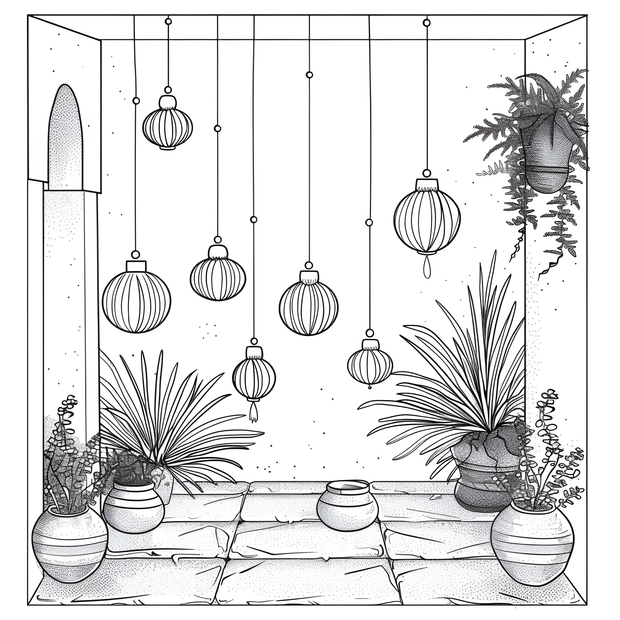 Ornaments hanging in serene garden scene Drawing Idea (free black-and-white line drawing printable PDF for all, from beginners to advanced learners, including children, teens, adults, and seniors)