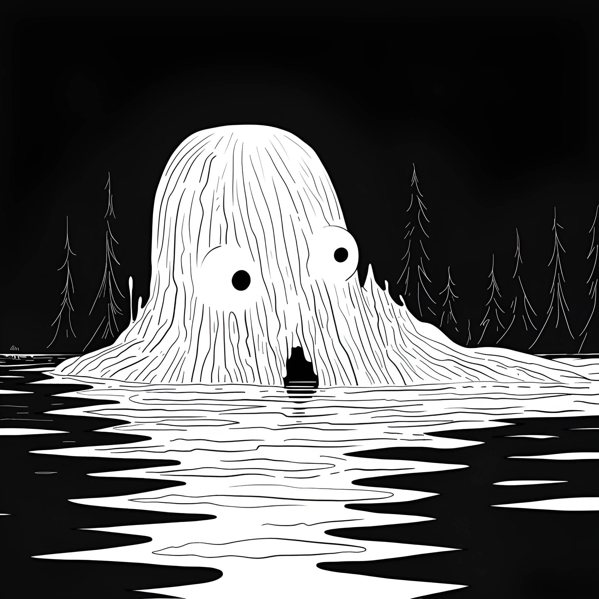 Monster emerging from the lake at night Drawing Idea (free black-and-white line drawing printable PDF for all, from beginners to advanced learners, including children, teens, adults, and seniors)
