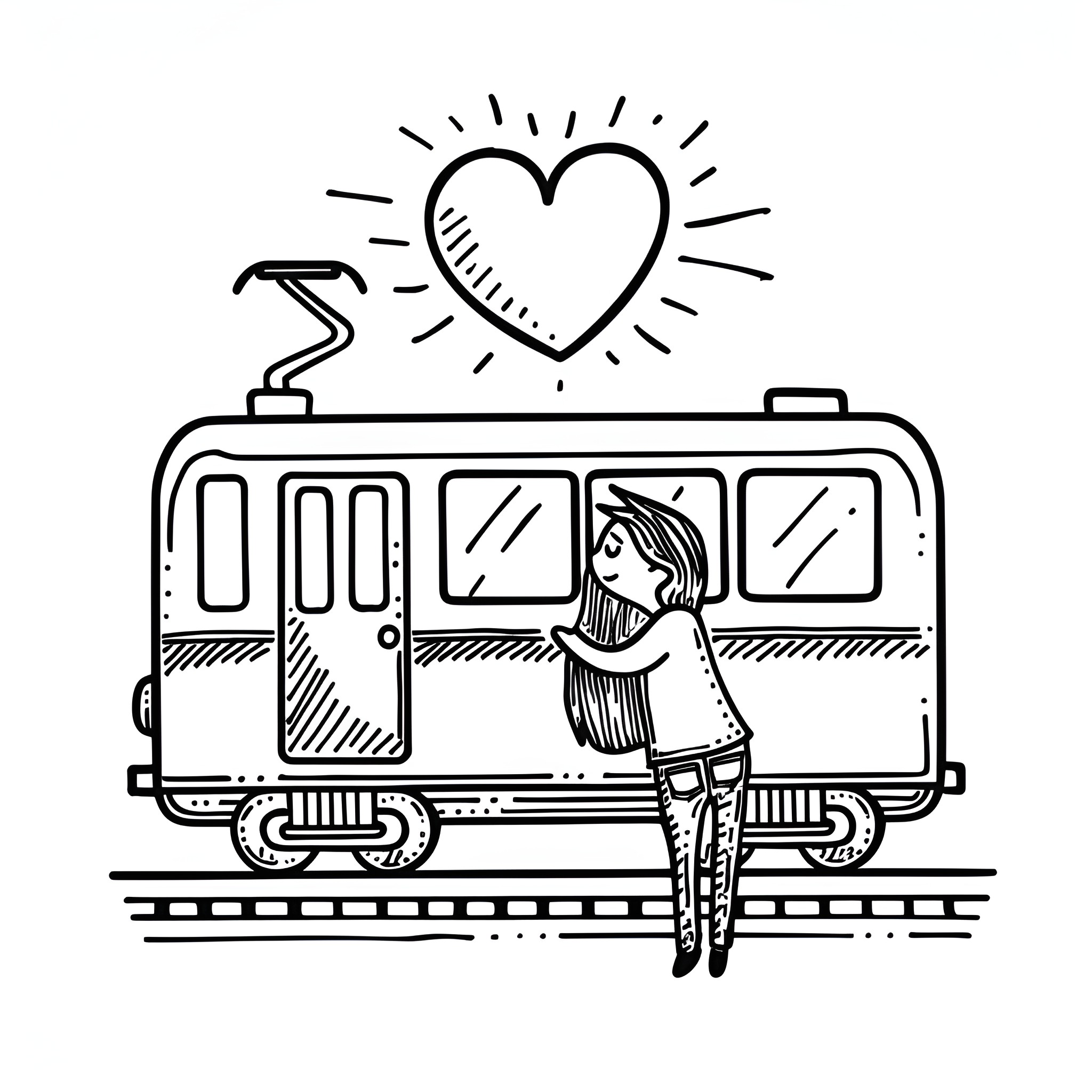 I Love You Riding the Train with Joy Drawing Idea (free black-and-white line drawing printable PDF for all, from beginners to advanced learners, including children, teens, adults, and seniors)